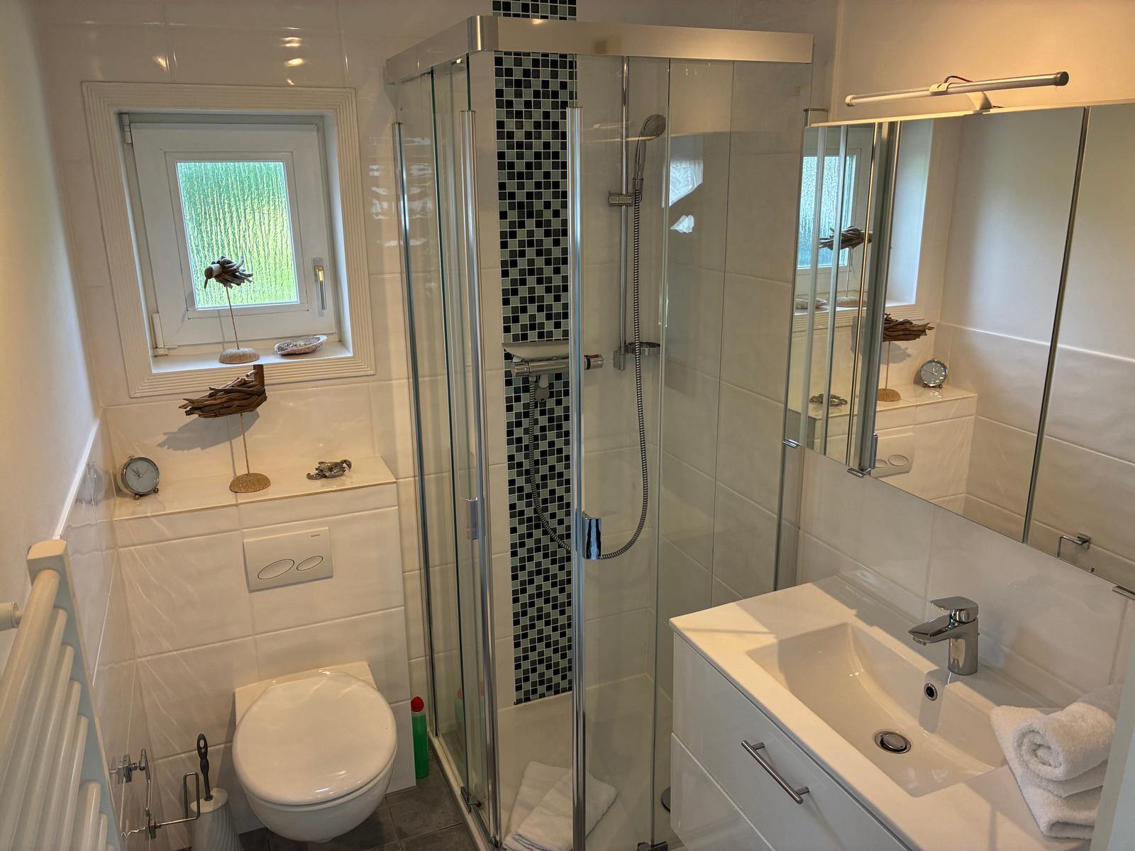 Badezimmer mit Dusche, Waschbecken und Toilette. Fenster mit Blick auf Grün.