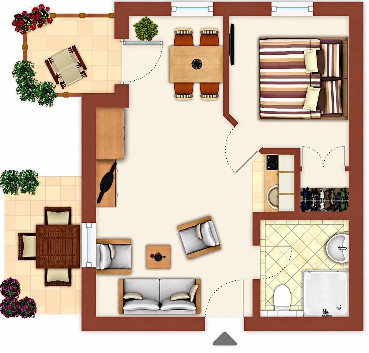 Wohnung mit Schlafzimmer, Küche, Bad und zwei Terrassenbereichen.