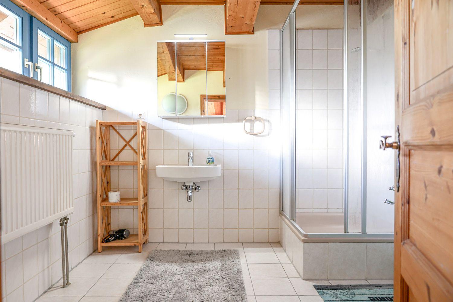 Badezimmer mit Dusche, Waschbecken und Holzregal. Holzdecke und Fenster mit blauen Rahmen.