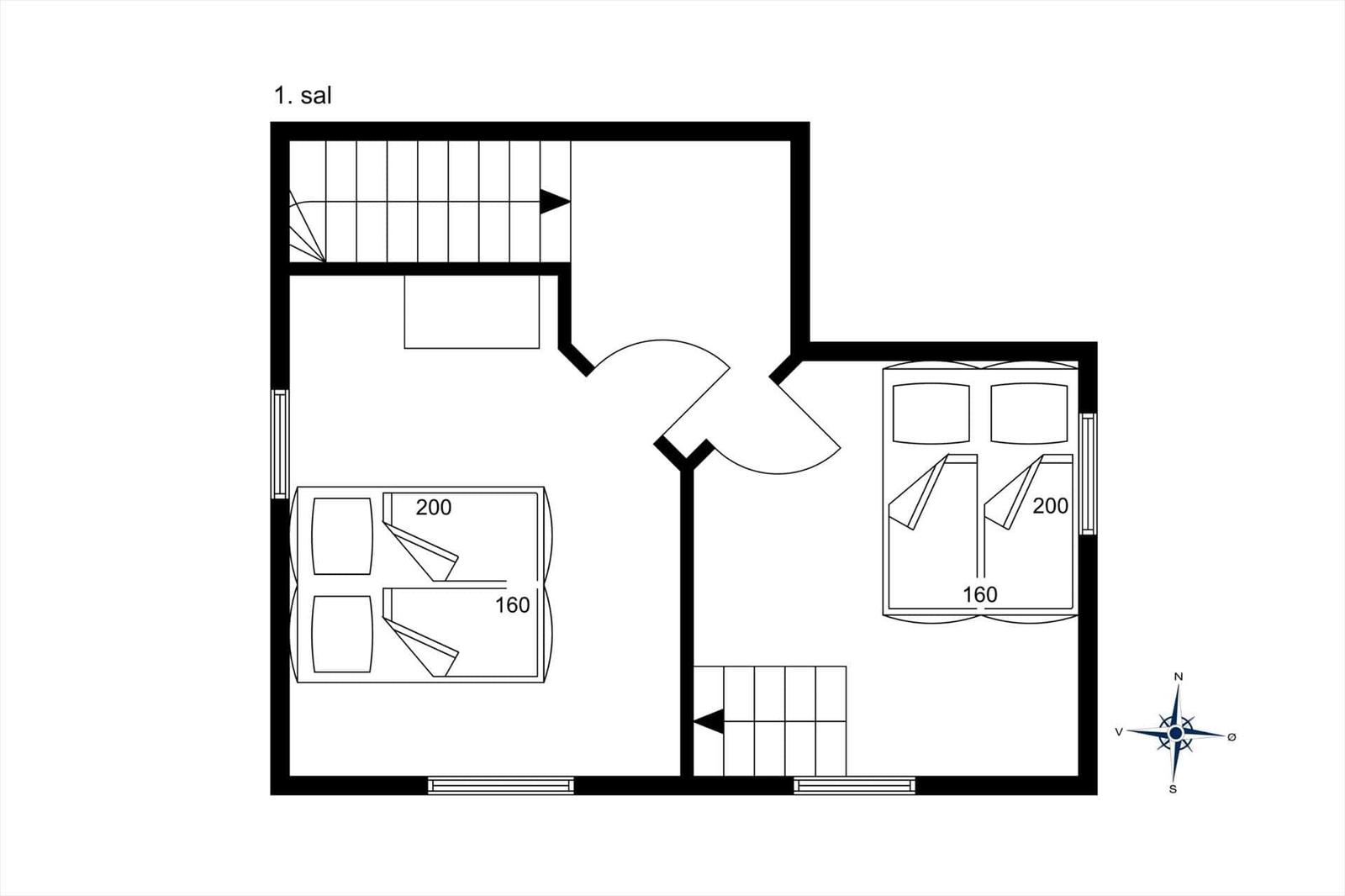 Ground floor with bedroom, living area, and stairs to upper level.