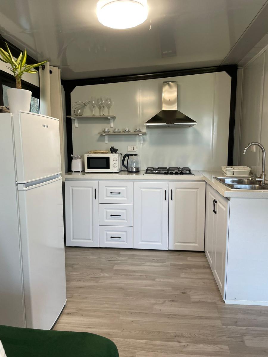 Kitchen with white cabinets, stove, sink, and refrigerator. Wooden floor and plant.