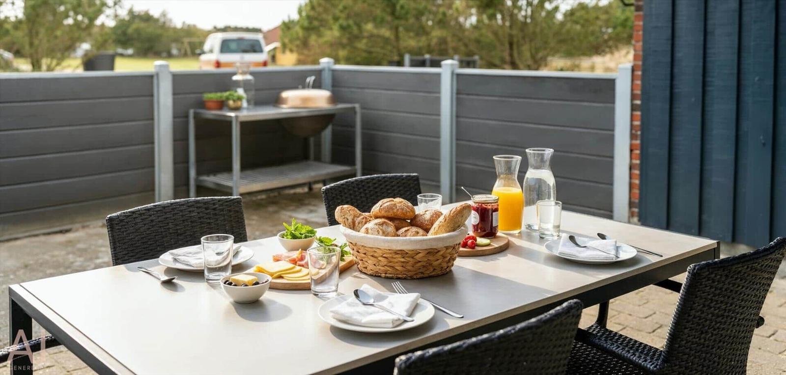 Außenbereich mit Tisch, Stühlen und Frühstückszubehör. Hintergrund: Zaun und Grillplatz.