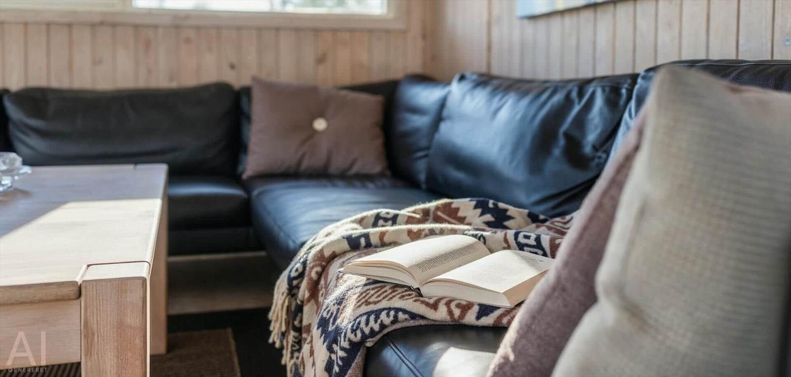 Schwarzes Ledersofa mit Kissen und Decke. Offenes Buch liegt darauf. Holztisch und Holzwand im Hintergrund.