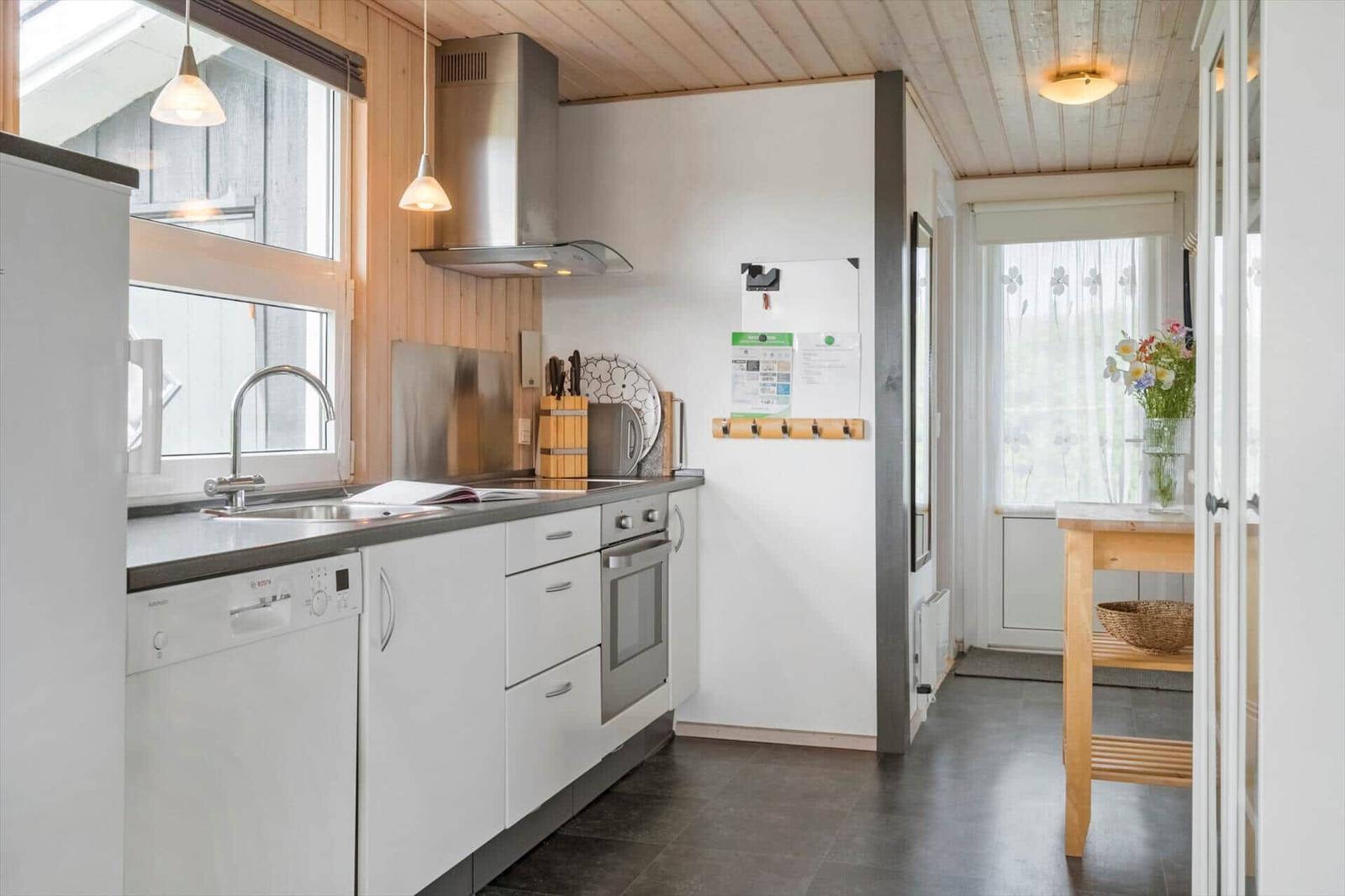 Küche mit Spüle, Dunstabzug, Herd und Kühlschrank. Holzdecke und Fenster mit Blick.