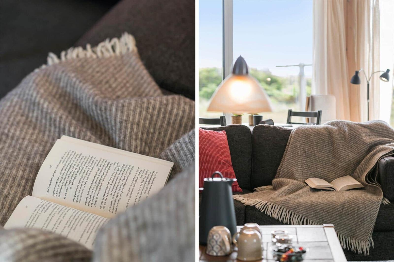 Ein Sofa mit Decke und offenem Buch. Fensterblick auf Grün und Himmel.