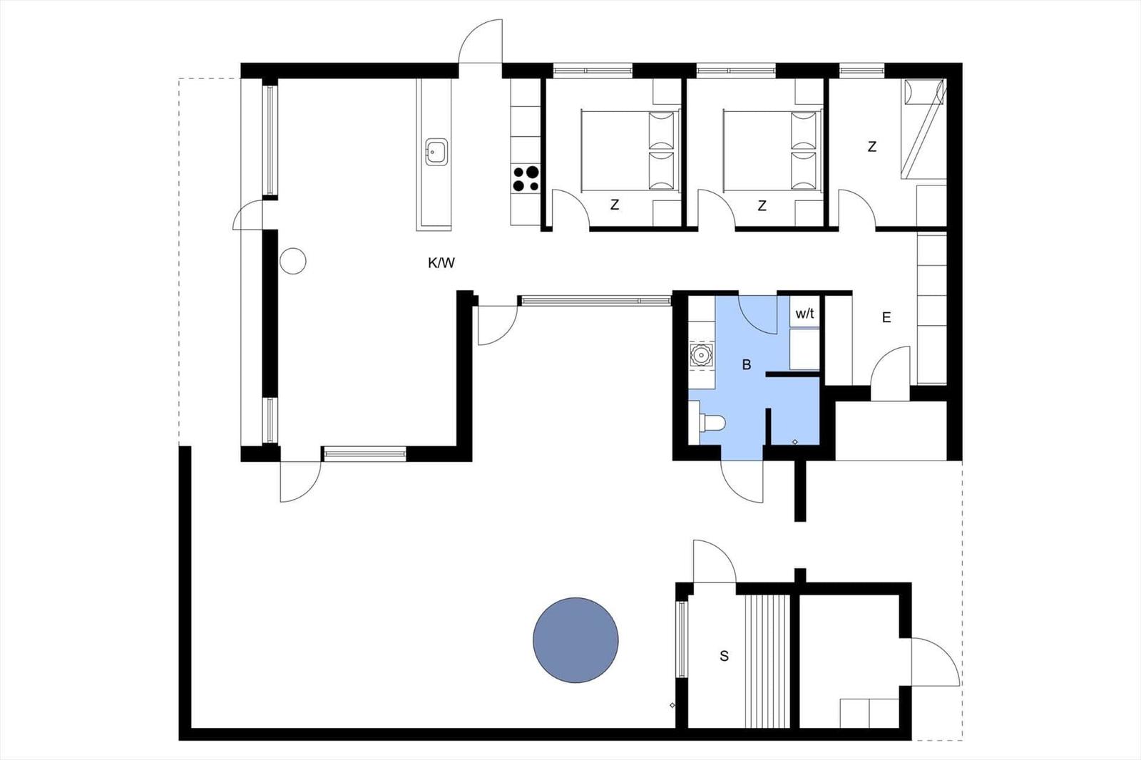 Wohnung mit Küche, zwei Schlafzimmern, Bad und Terrasse.