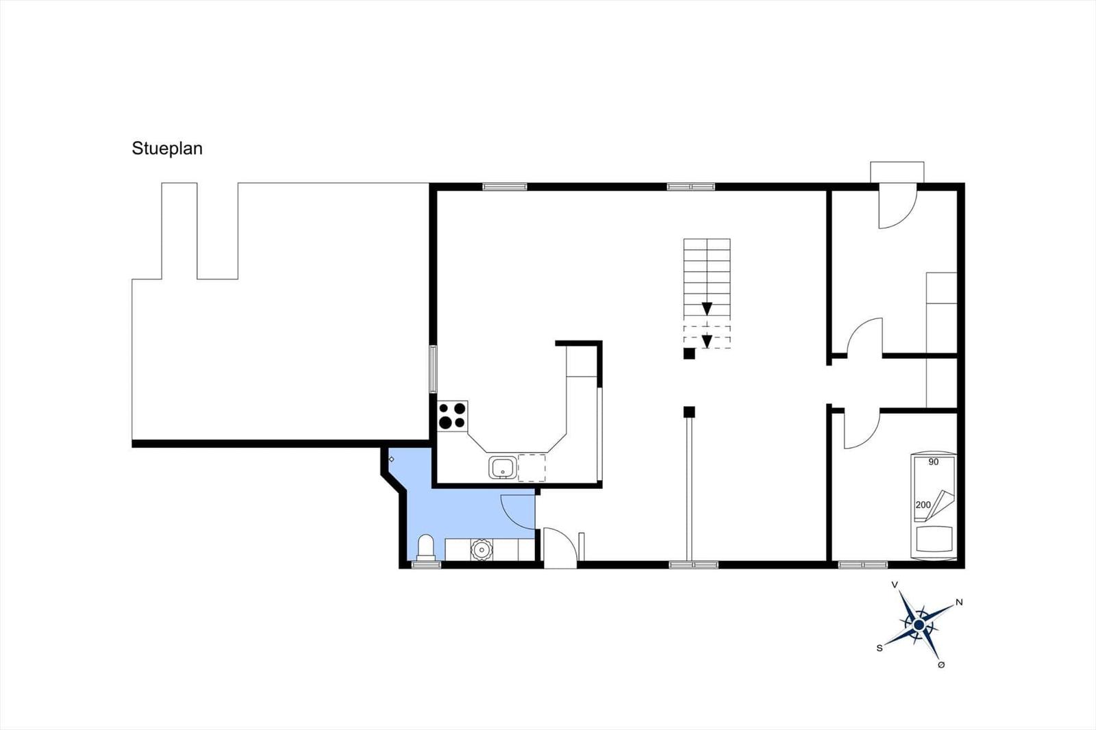 Stueplan zeigt die Räumlichkeiten und Treppe im Haus.