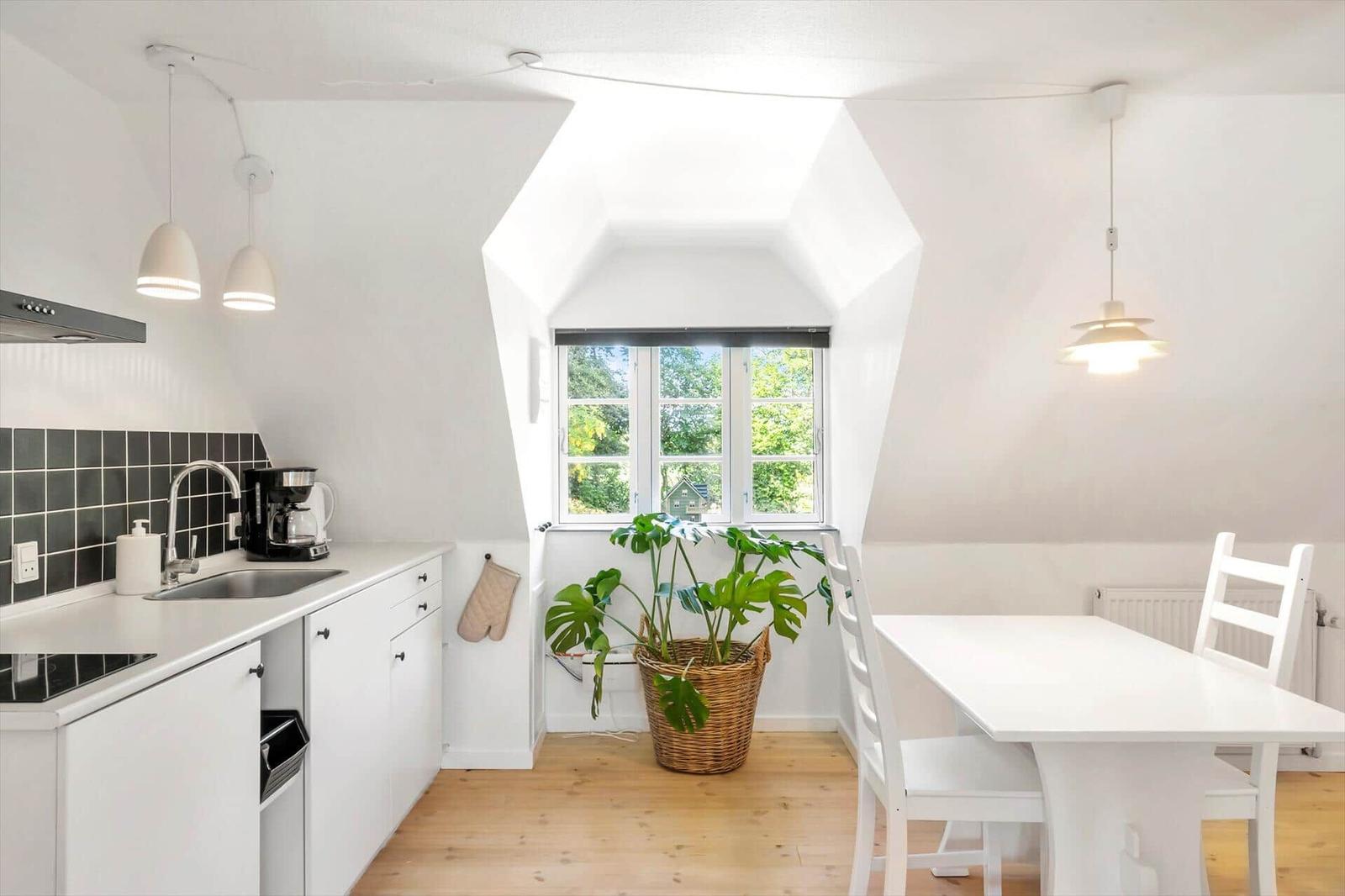 Küche mit Essbereich, Fenster, Pflanze und weißen Möbeln.
