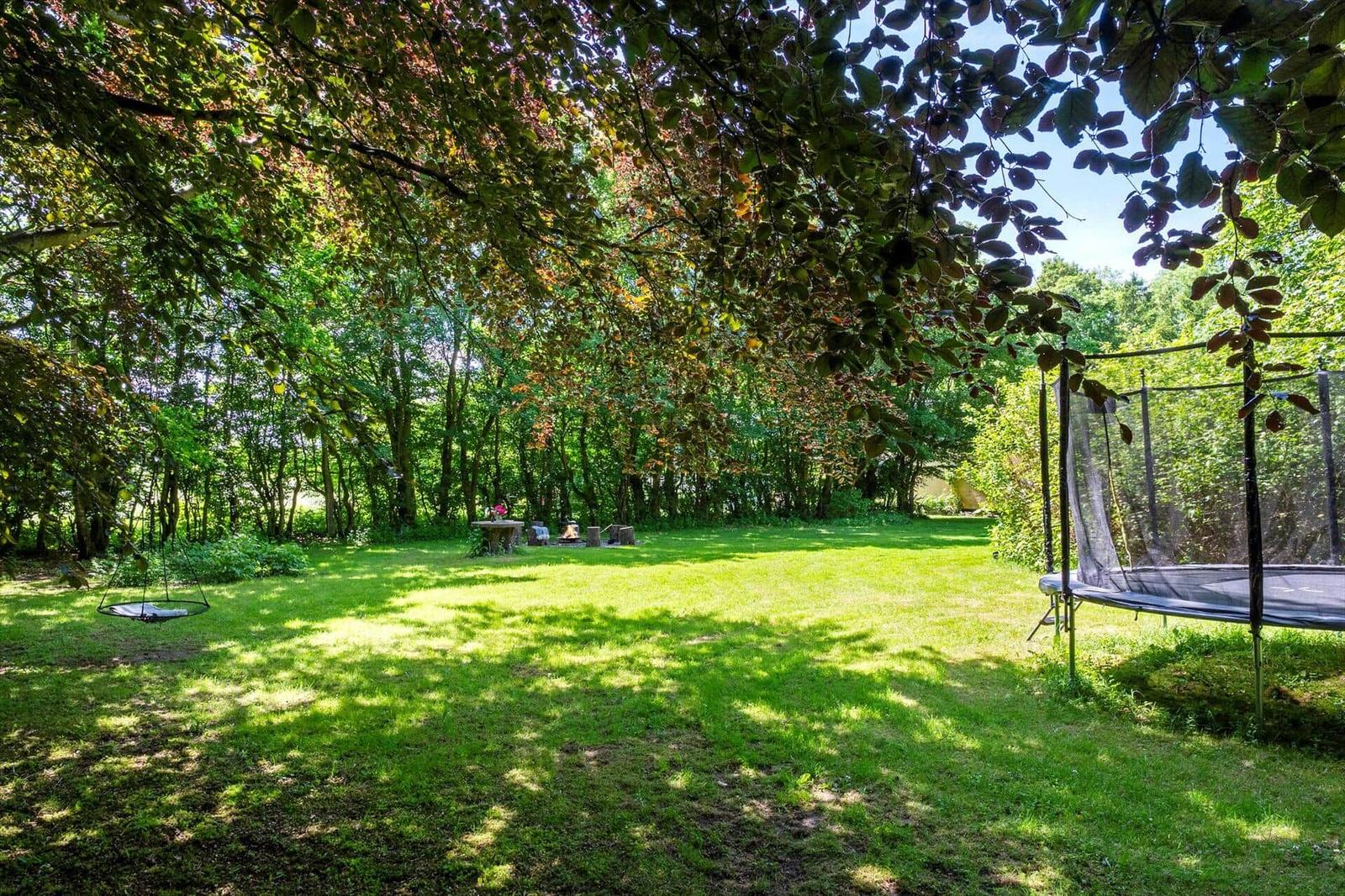 Grüner Garten mit Trampolin und Schaukel unter Bäumen.