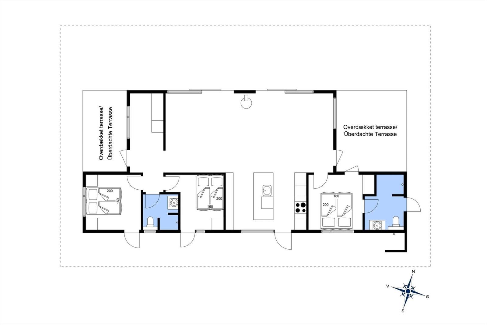 Wohnung mit zwei Schlafzimmern, Küche, Bad und überdachter Terrasse.