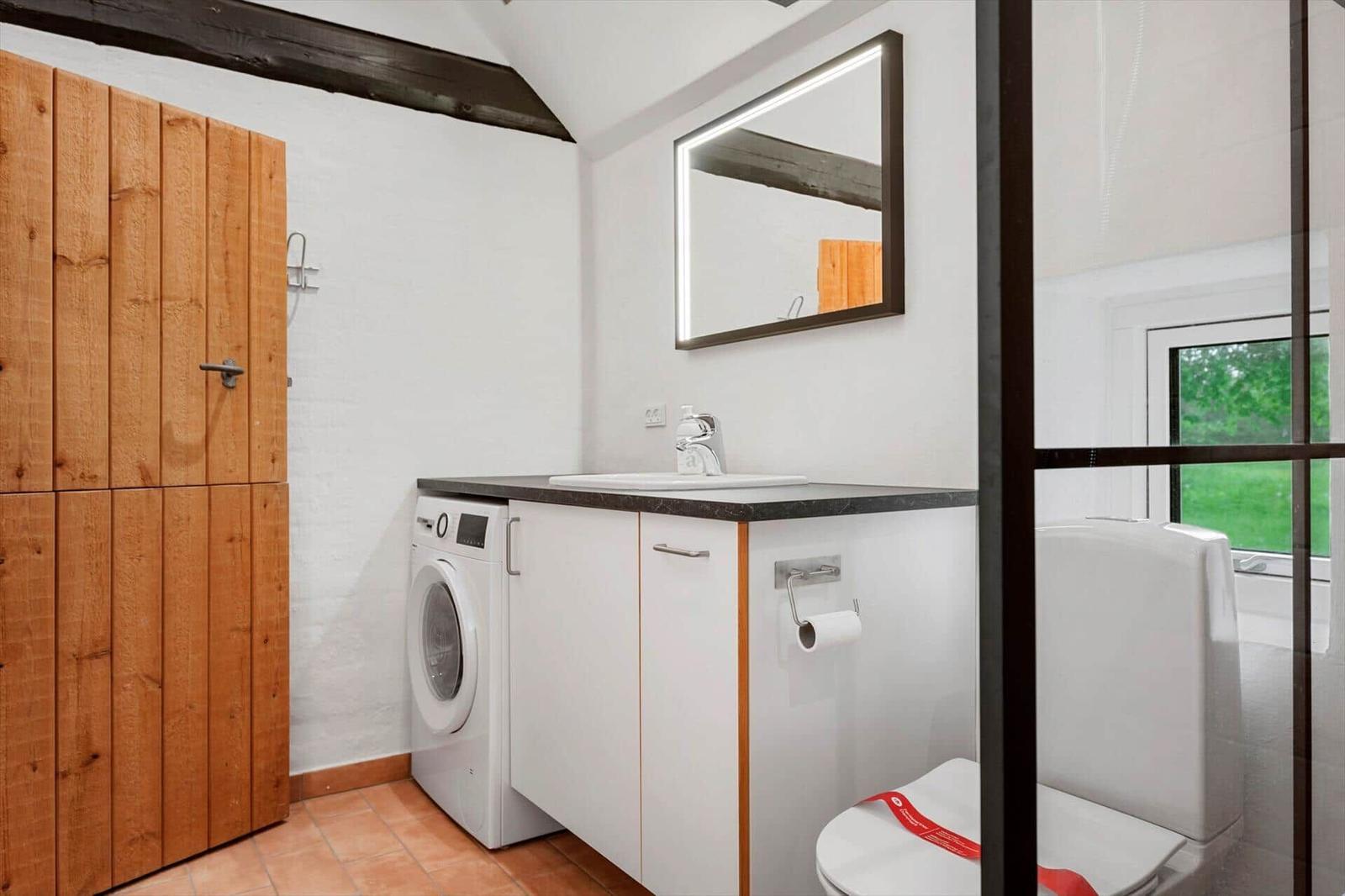 Bathroom with washing machine, mirror, and toilet. Wooden door and window visible.