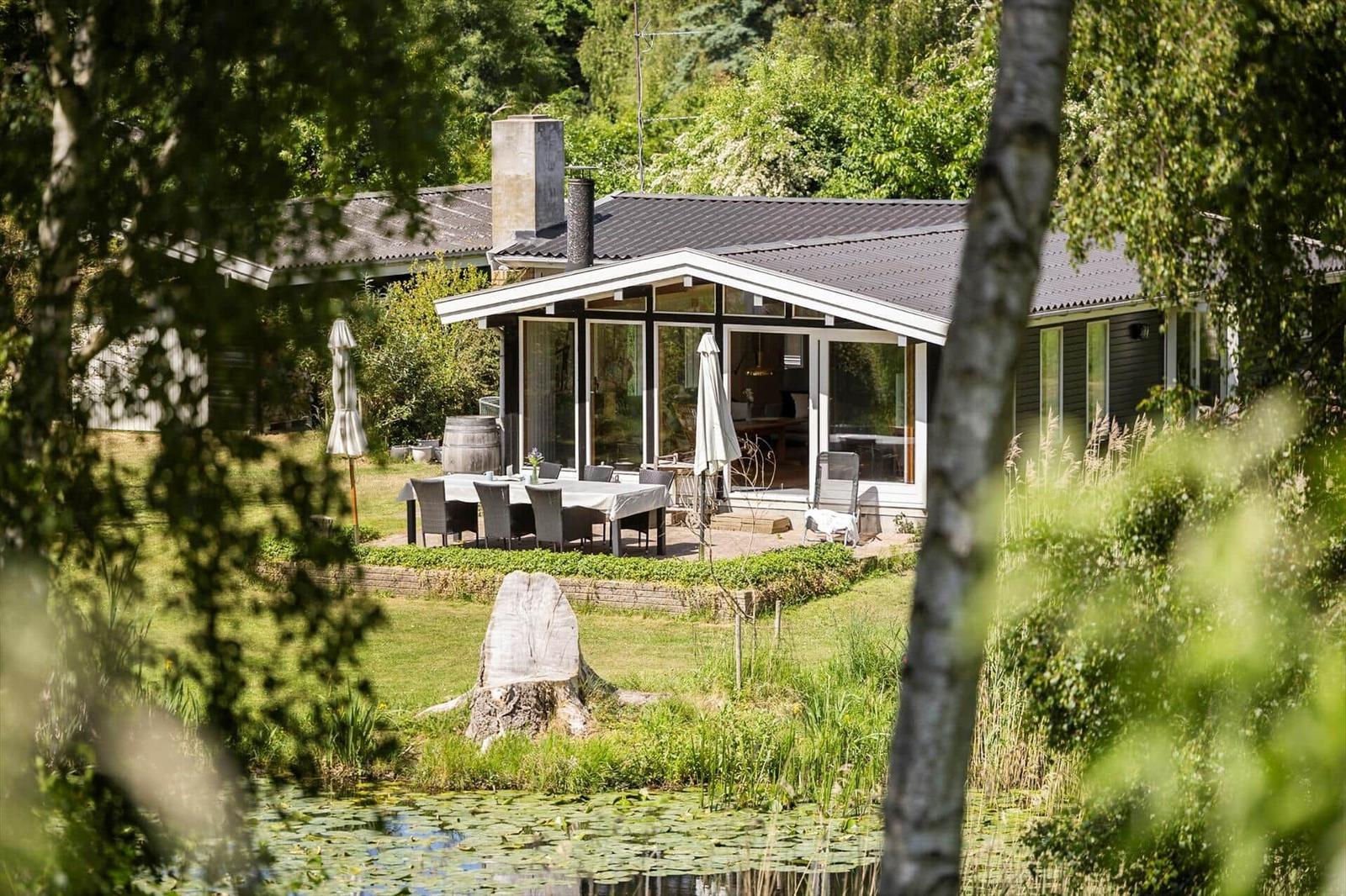 House with terrace, table, and chairs. View through trees onto a pond with water lilies.