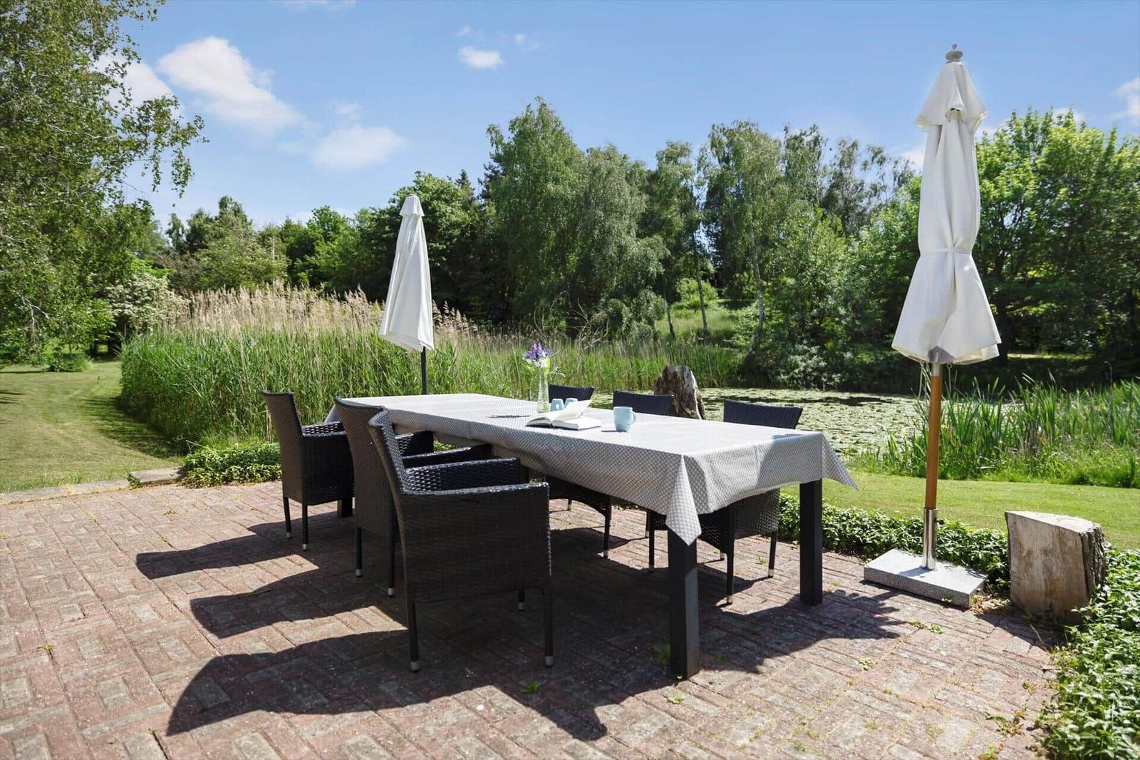 Outdoor area with table, chairs, and umbrellas. Green space and water in the background.