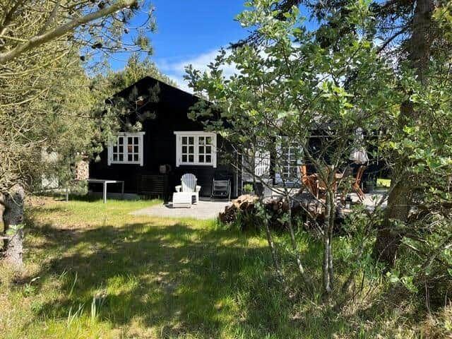 Schwarzes Haus mit weiß gerahmten Fenstern und Gartenbereich unter Bäumen.