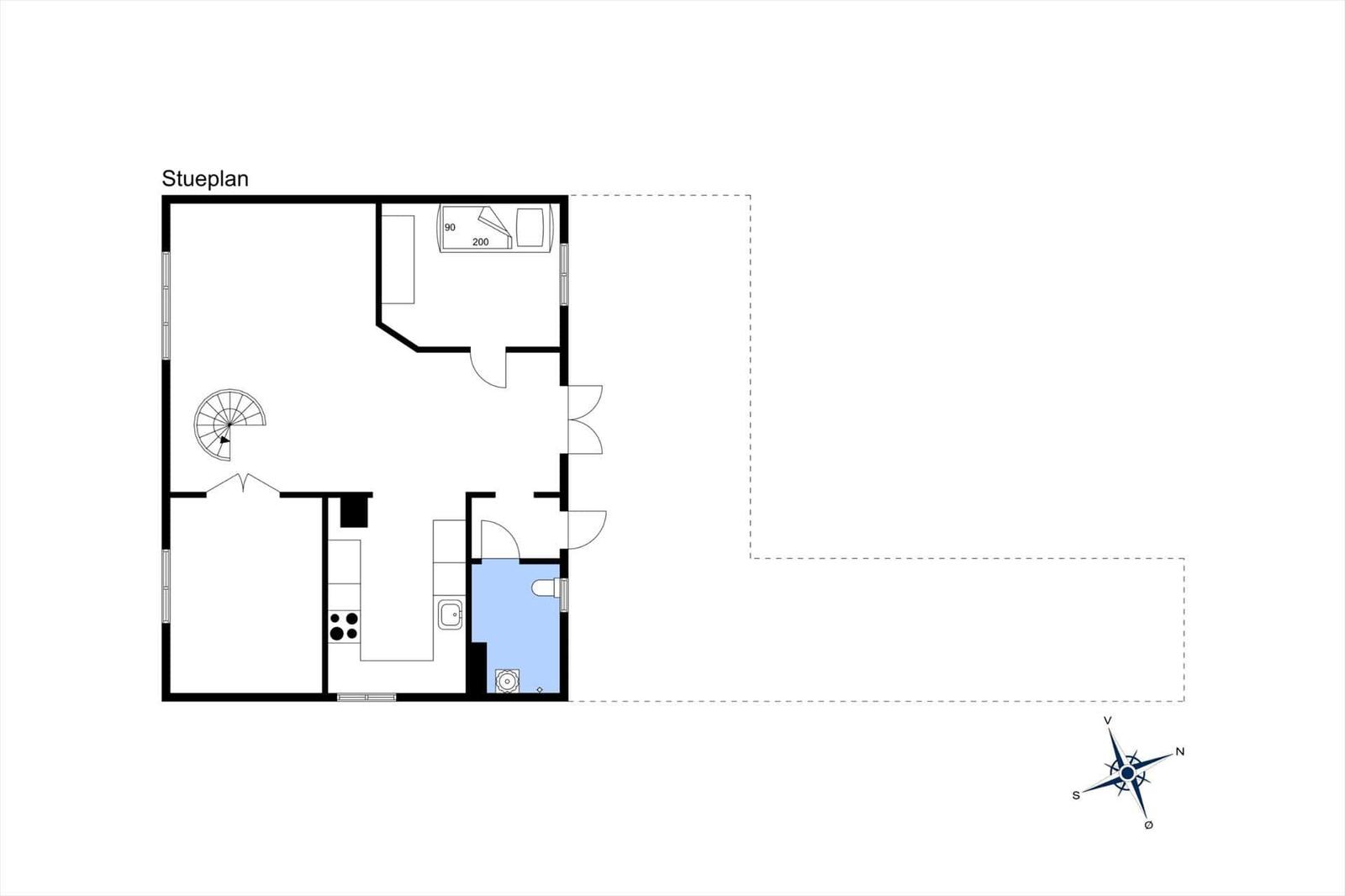 Stueplan zeigt Wohnraum, Küche, Bad und Schlafzimmer mit spiralförmiger Treppe.