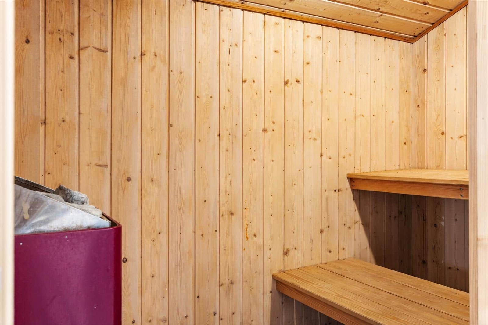 Sauna mit Holzwänden und Sitzbänken. Links steht ein roter Ofen.