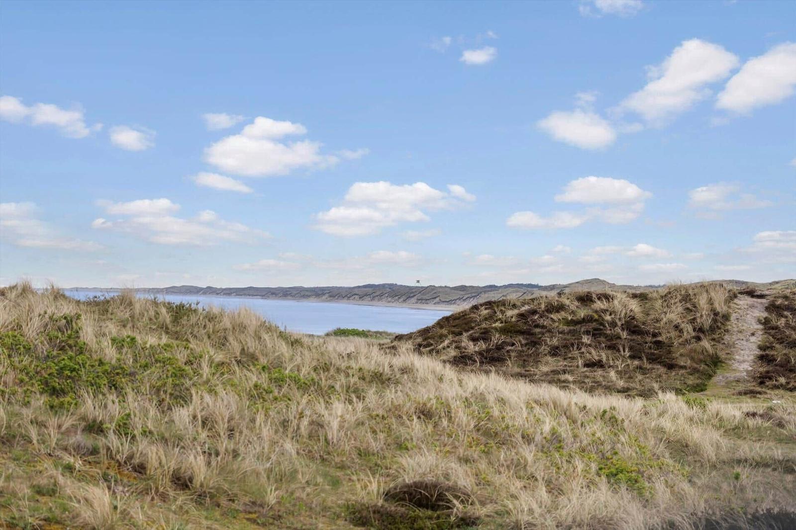 Weg durch Dünenlandschaft mit Blick auf Wasser und Horizont unter blauem Himmel mit weißen Wolken.
