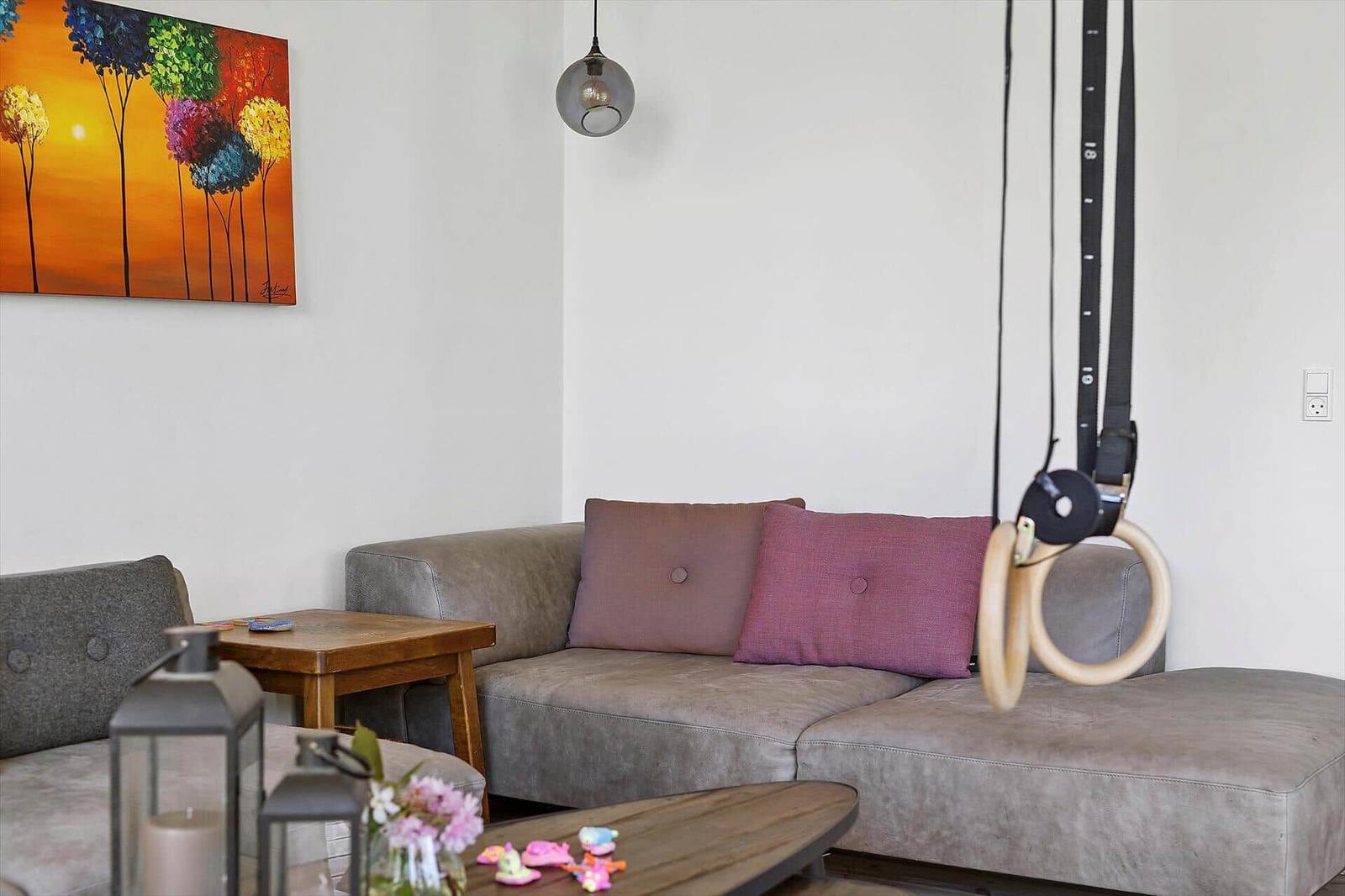 Living room with sofa, wall art, and hanging rings.