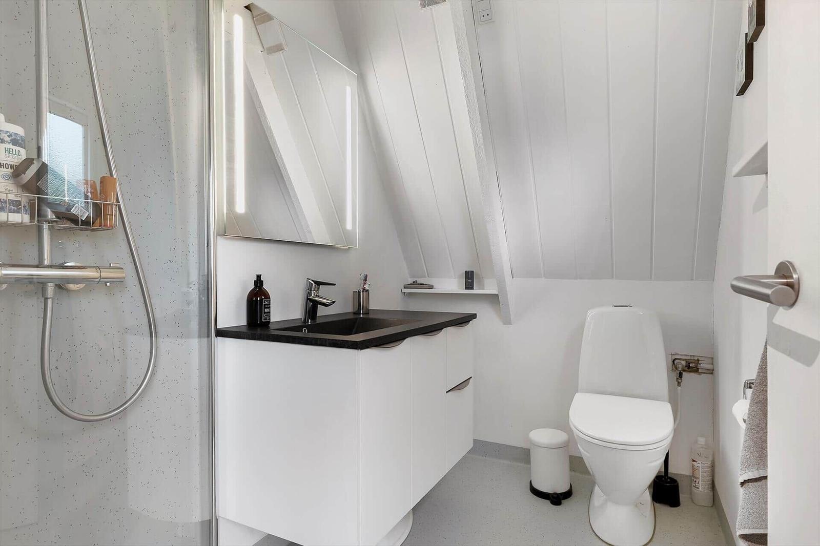 Badezimmer mit Dusche, Waschbecken und Toilette unter schrägem Dach