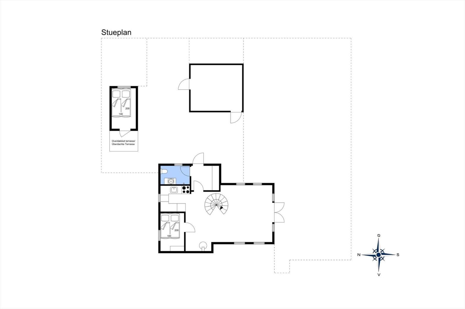 Stueplan zeigt zwei Schlafzimmer, Küche, Bad und überdachte Terrasse.