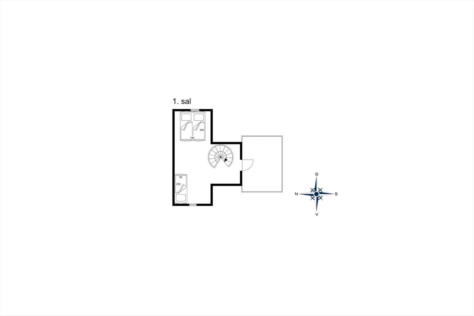 Erdgeschossplan mit Schlafzimmer, Bad und Treppe.