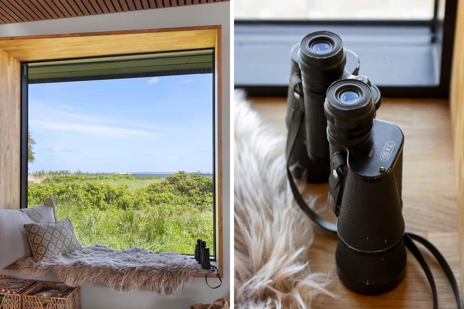 View from the window to green areas and sea. Binoculars sit on the windowsill.