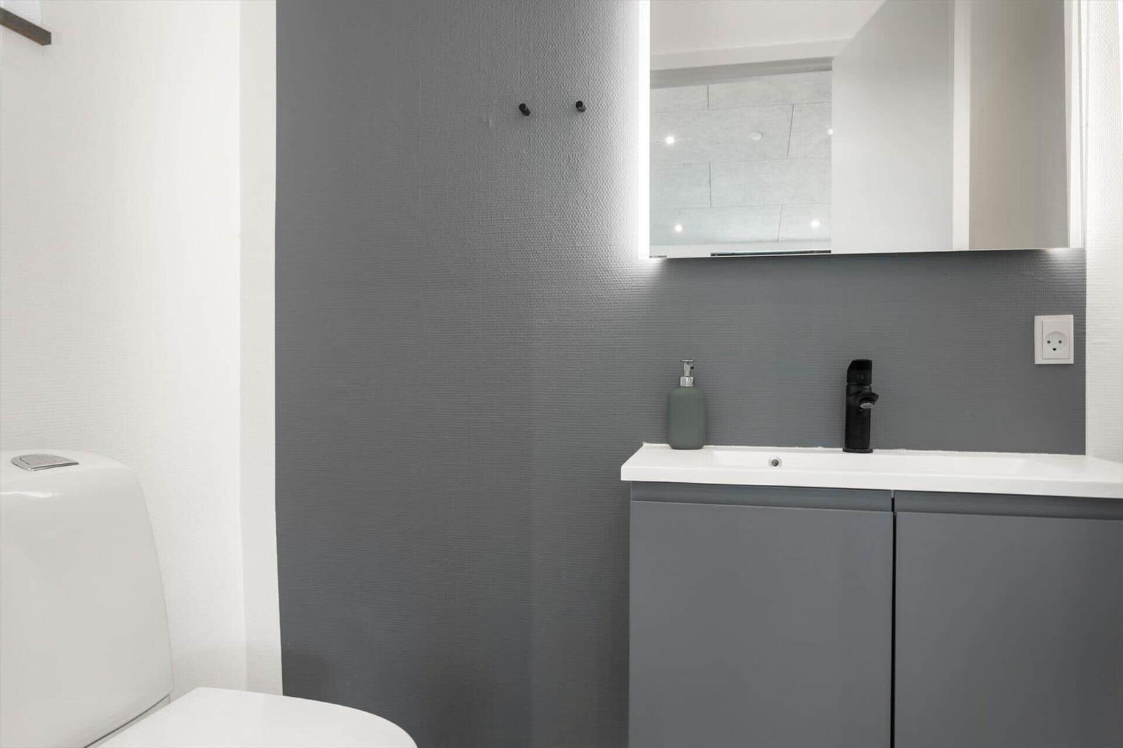 Badezimmer mit Waschbecken, Spiegel und Toilette an grauer Wand.