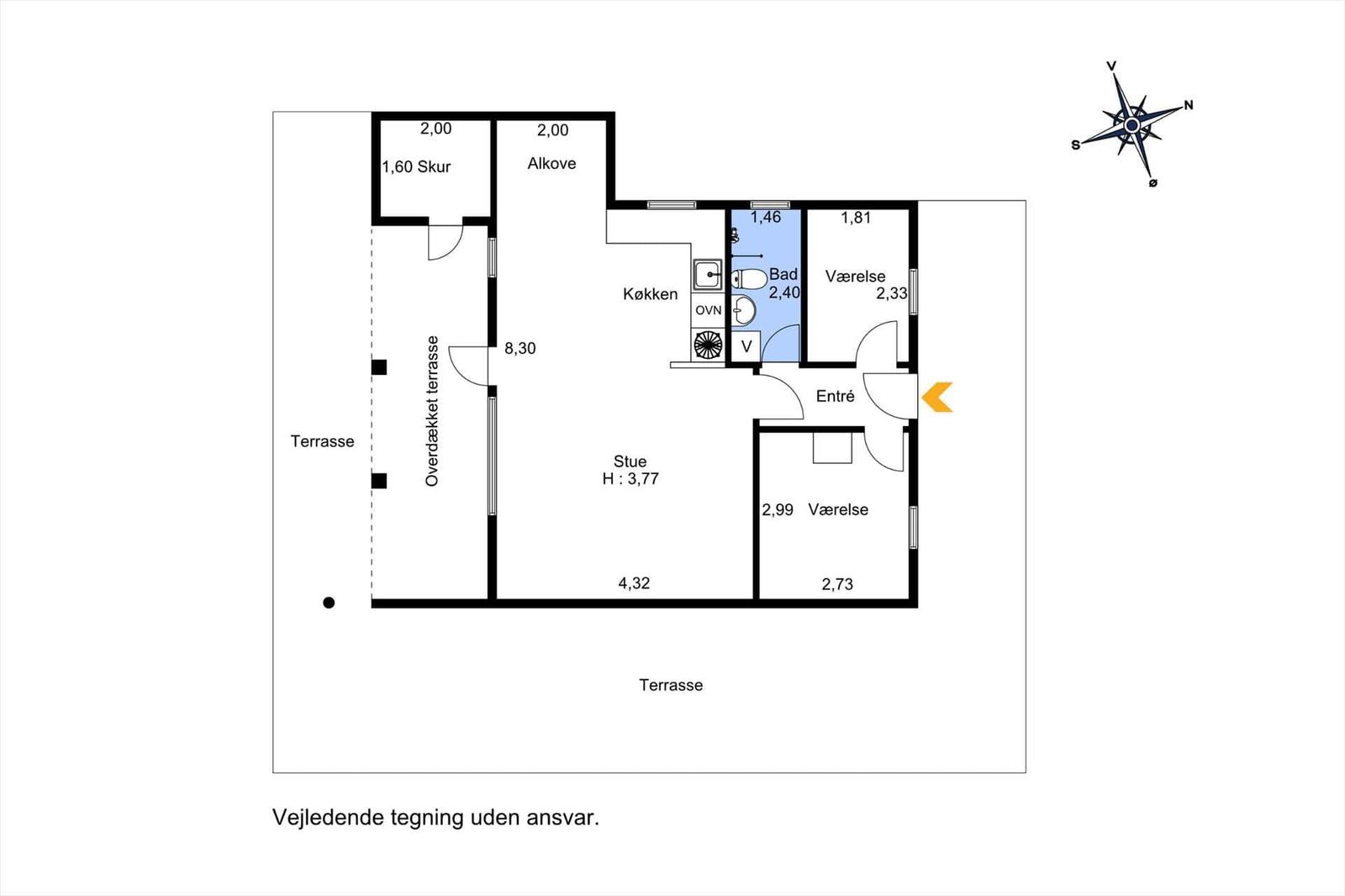 Wohnung mit Küche, Bad, zwei Schlafzimmern und überdachter Terrasse.