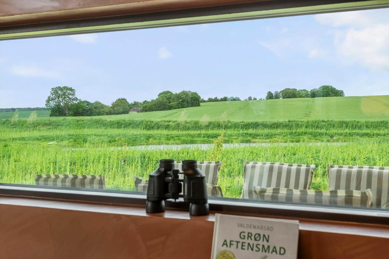 Durch das Fenster blickt man auf grüne Wiesen und einen Fluss. Auf dem Fensterbrett stehen Fernglas und ein Buch.