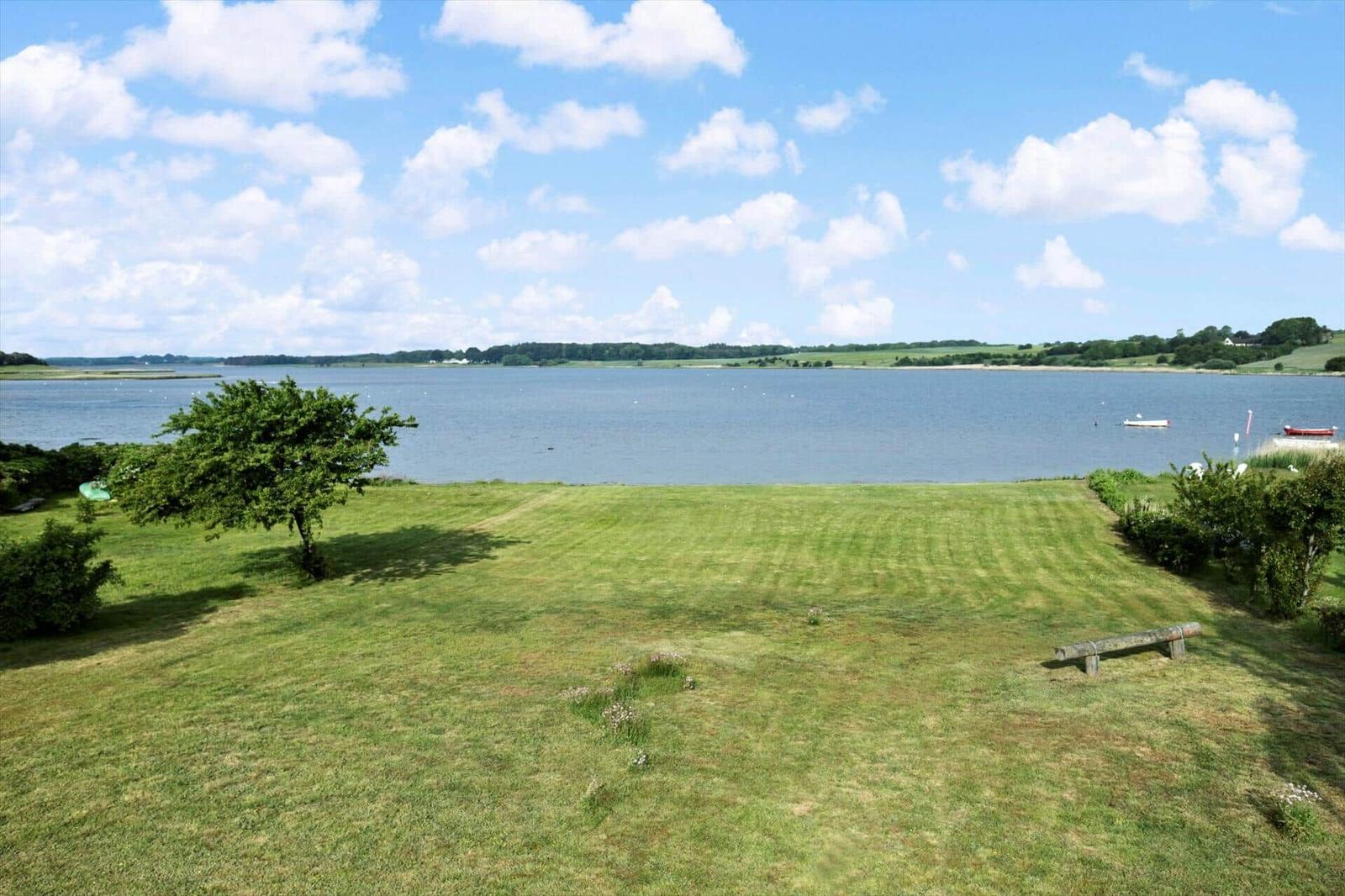 Green lawn area with view of a lake under blue sky with white clouds.