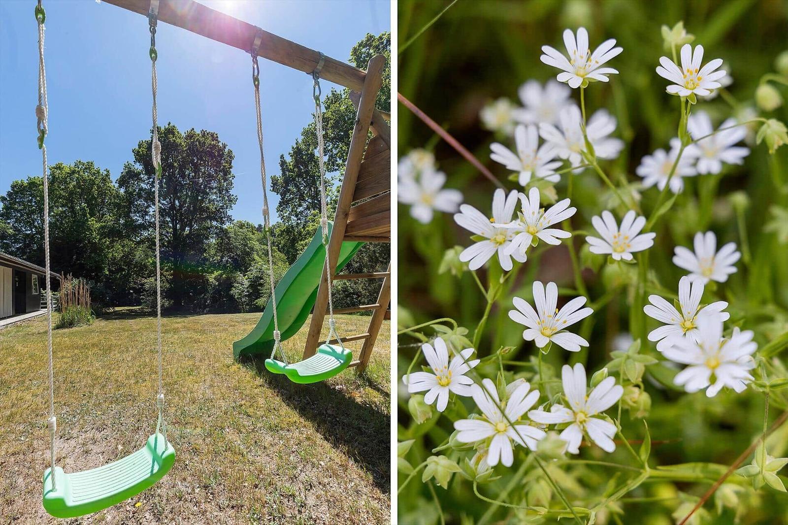 Backyard with swing and slide. White flowers in the garden.