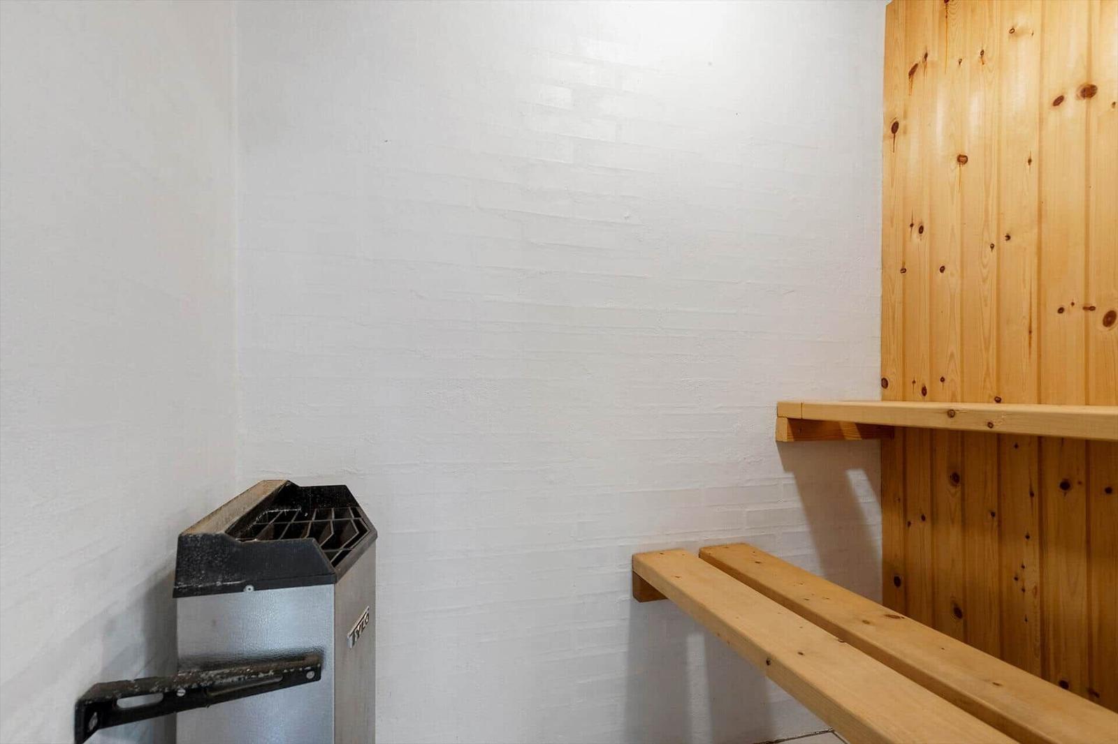 Sauna with wooden bench and heater against white wall