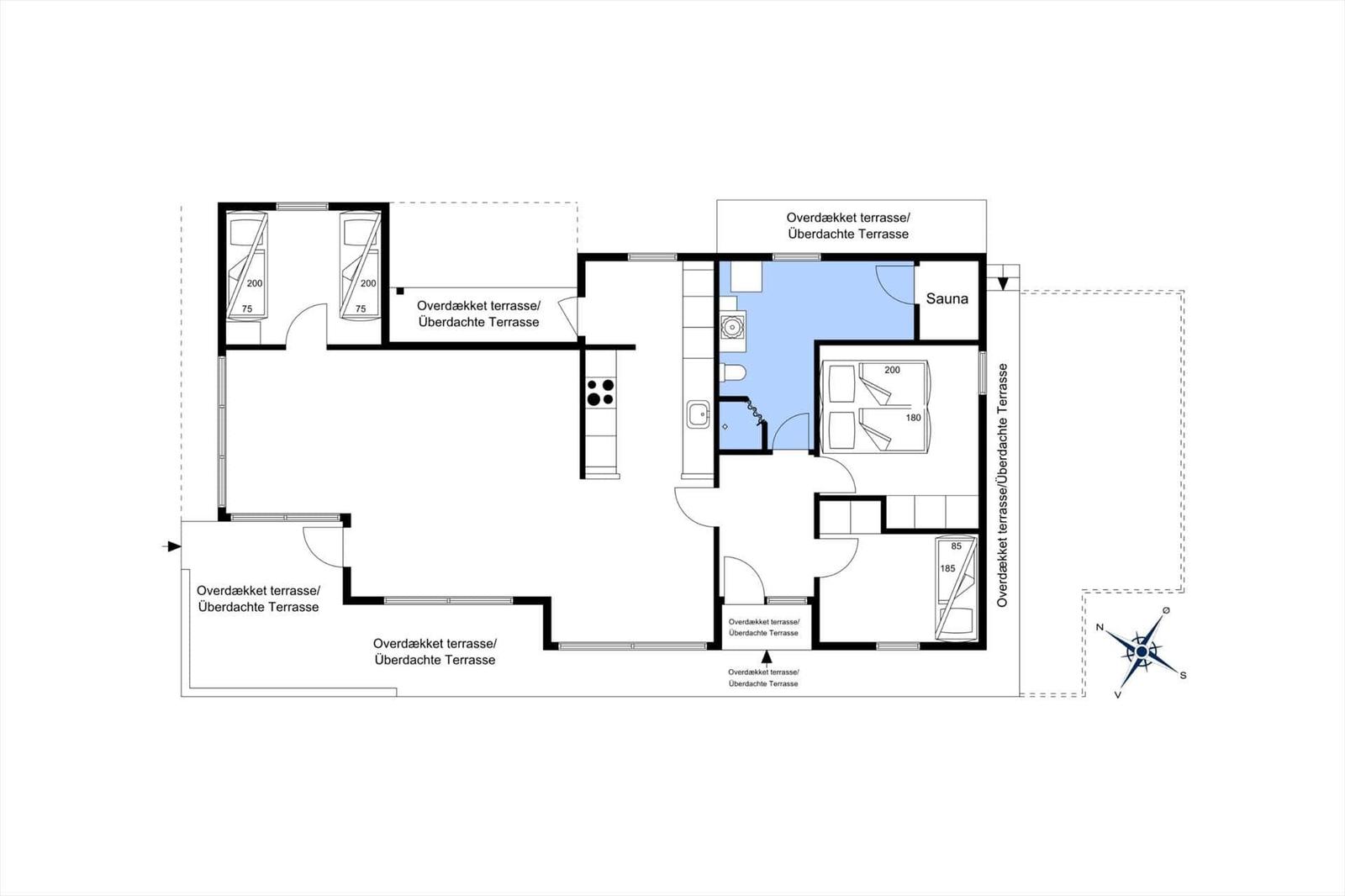 Floor plan with sauna, kitchen, and multiple covered terraces.