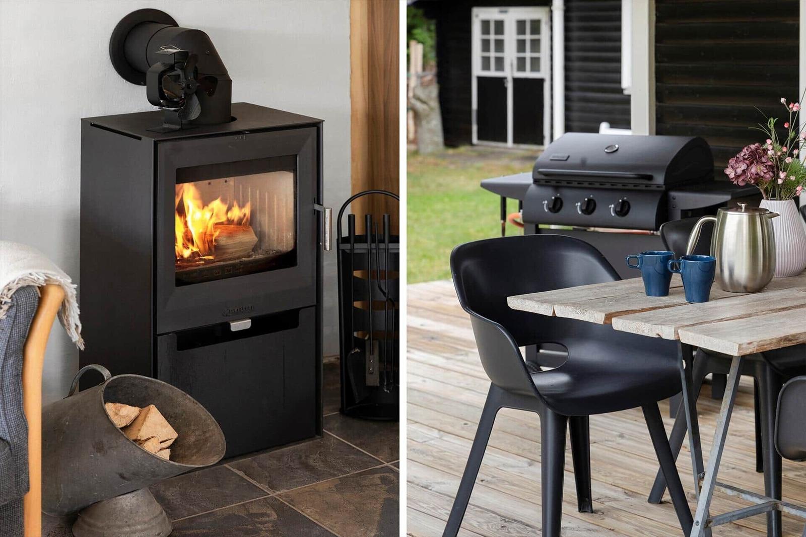 Kamin mit Brennholz und Grillplatz mit Tisch und Stühlen.
