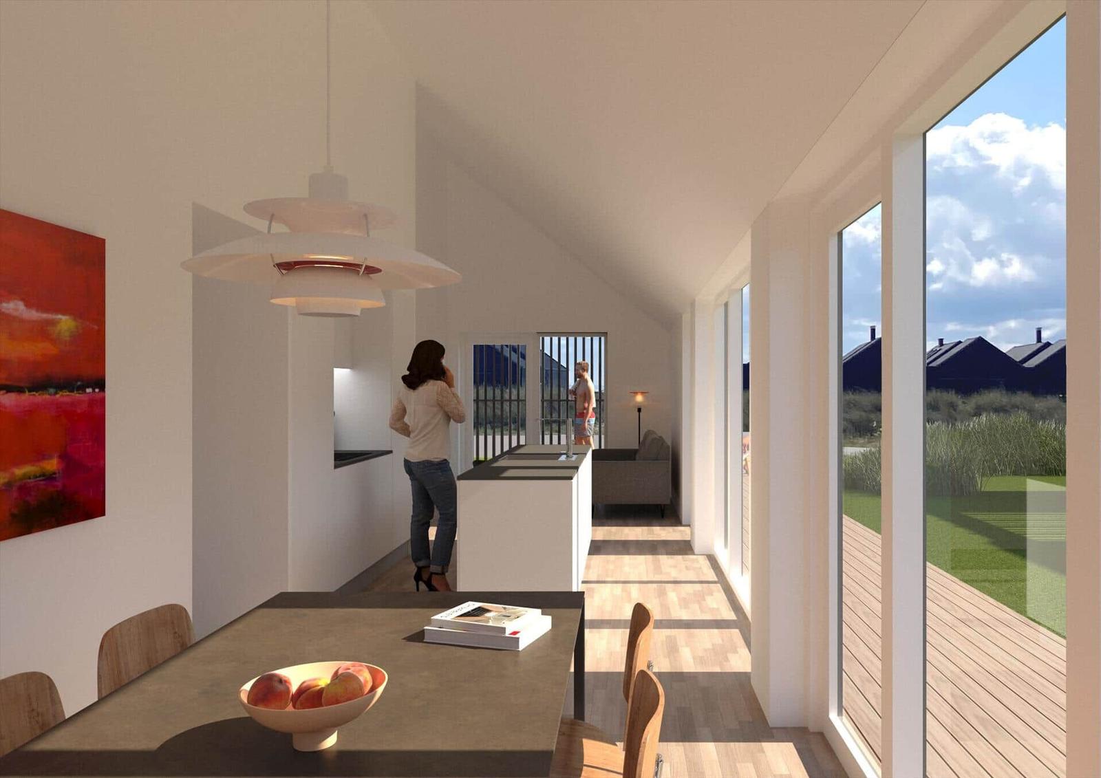 Moderne Küche mit Essbereich und Blick auf Terrasse und Garten.