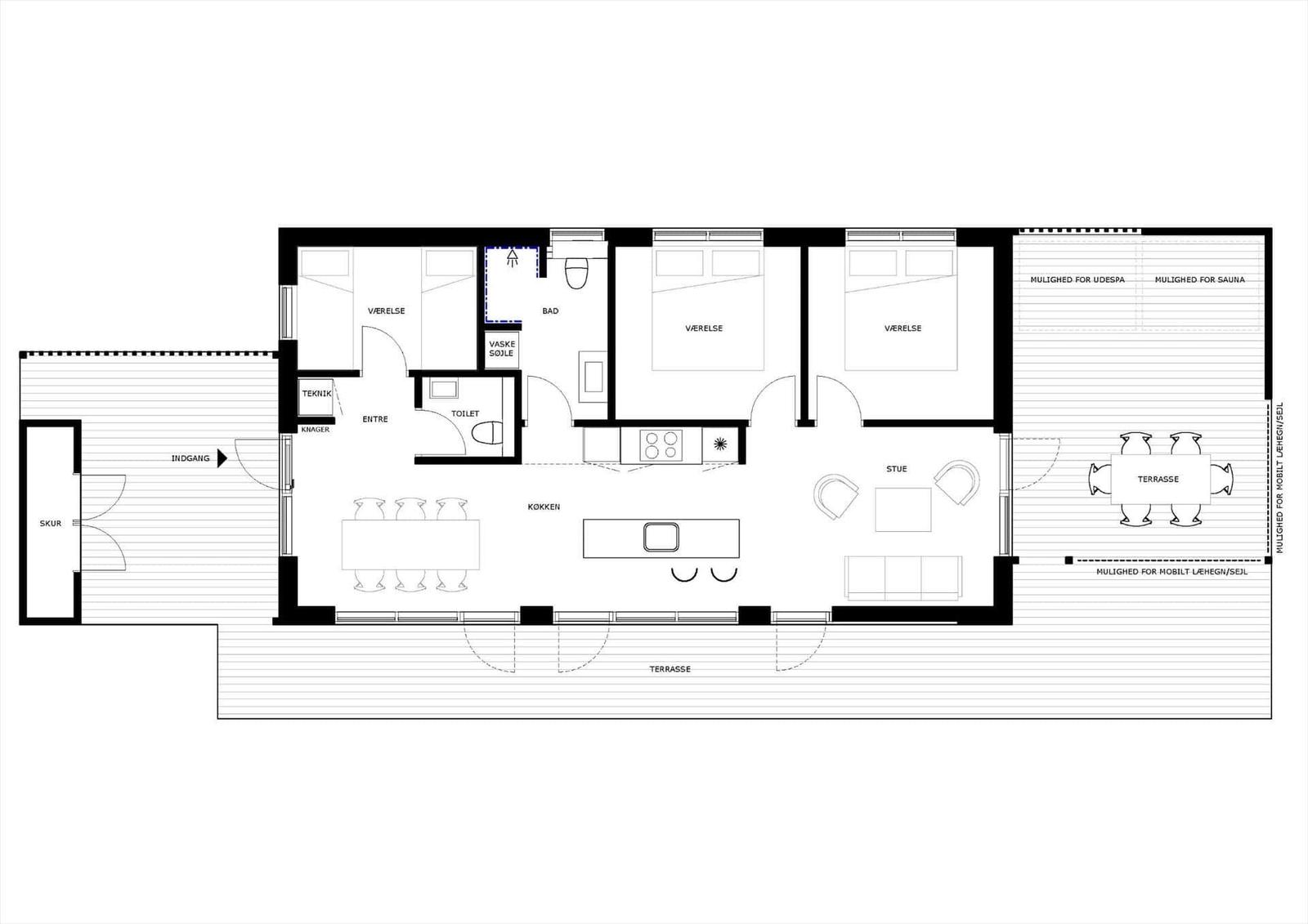 Wohnung mit drei Schlafzimmern, Küche, Bad und Terrasse. Mögliche Sauna und Außenbereich.