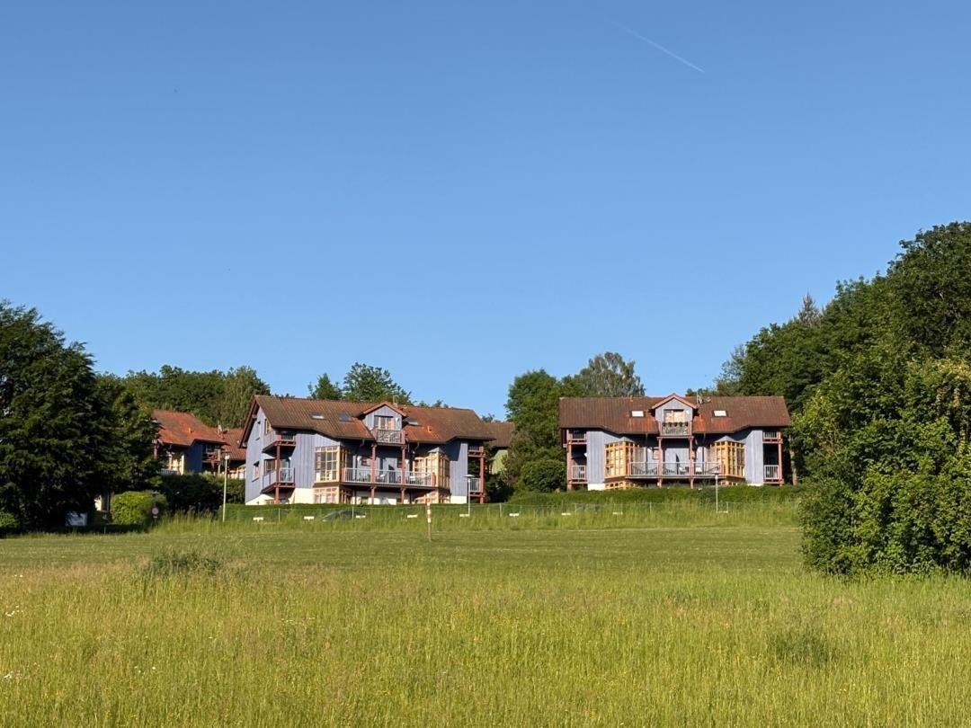 Villa mit Balkon und Terrasse im Grünen. Hintergrund: Wald und klarer Himmel.