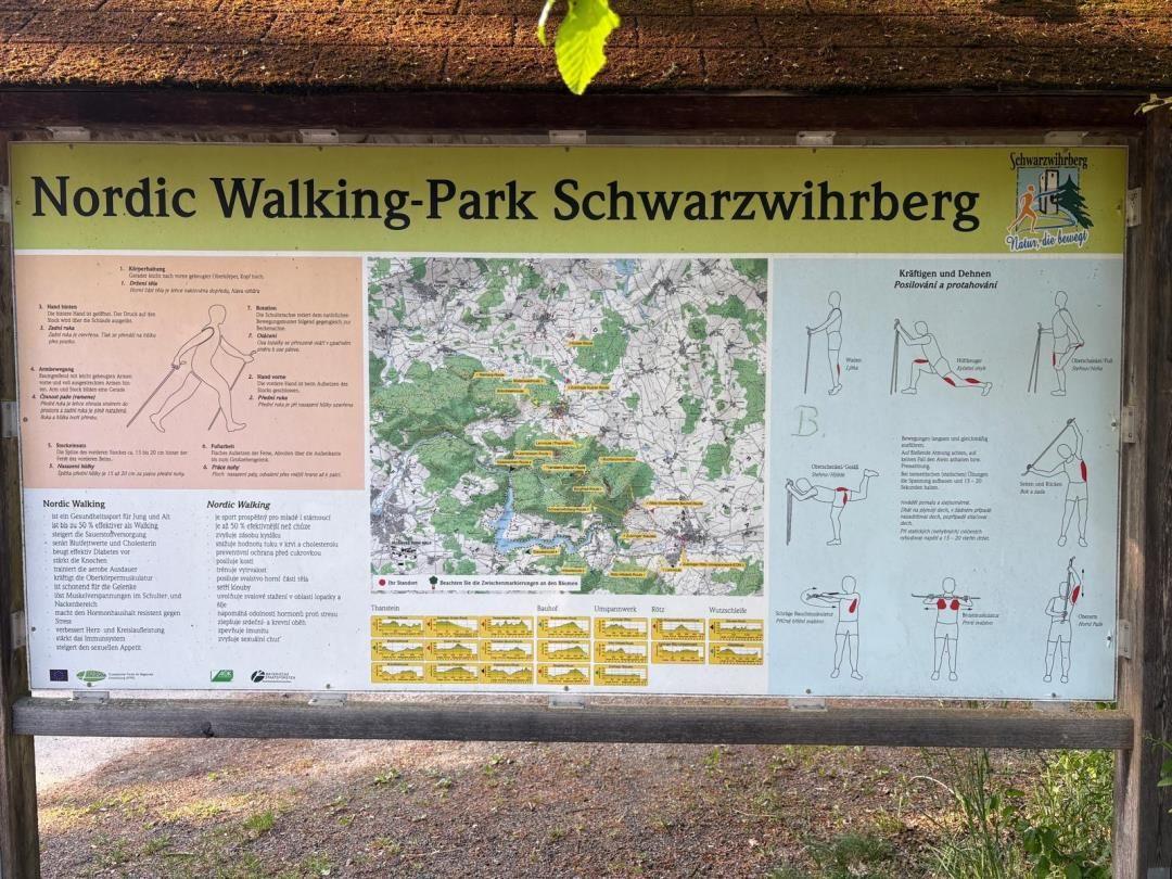 Infotafel für Nordic Walking im Schwarzwihrberg mit Karte und Übungsanleitungen.