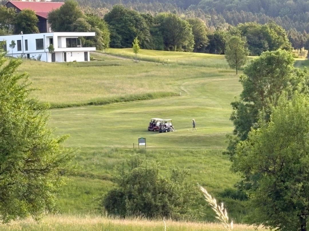 Golfplatz mit Golfwagen und Spieler. Im Hintergrund moderne Villa und Wald.