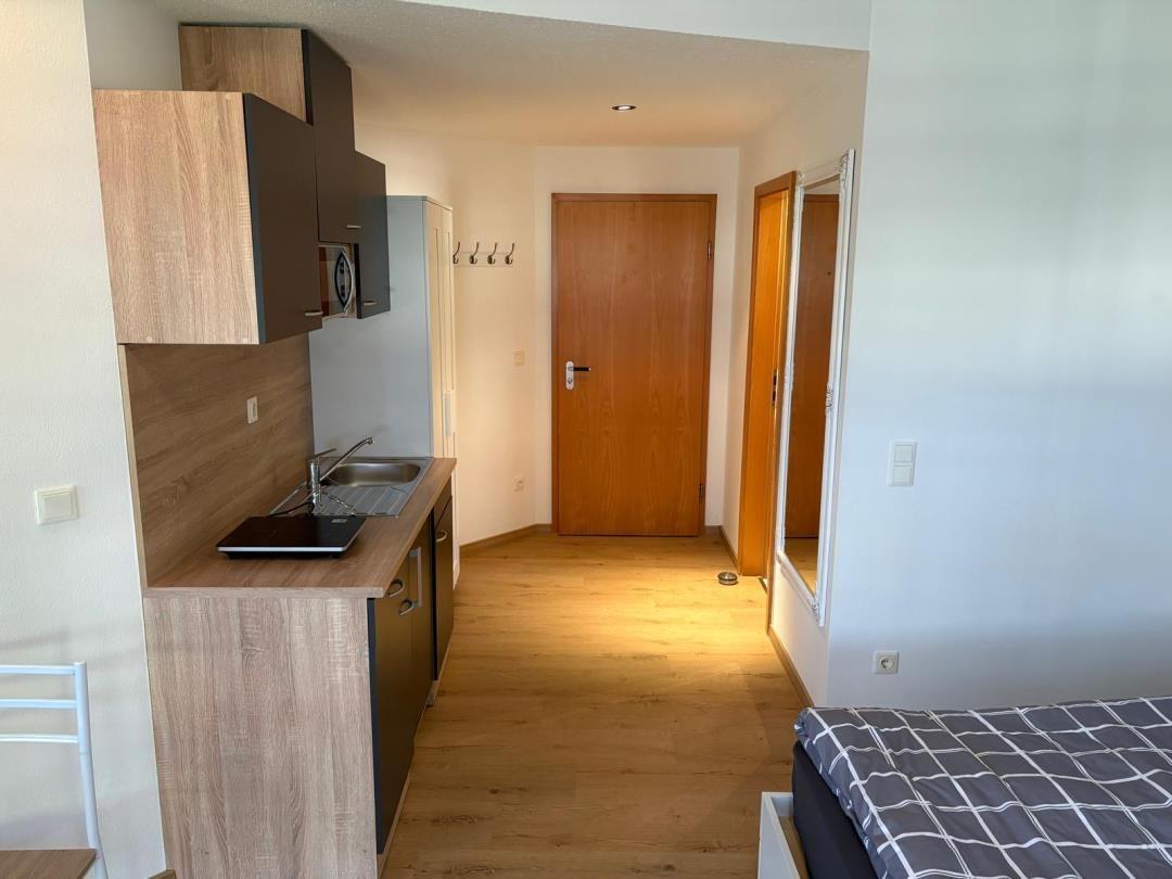 Küche mit Arbeitsplatte, Spüle und Schränken. Schlafzimmer mit Bett. Holzfußboden und Türen.