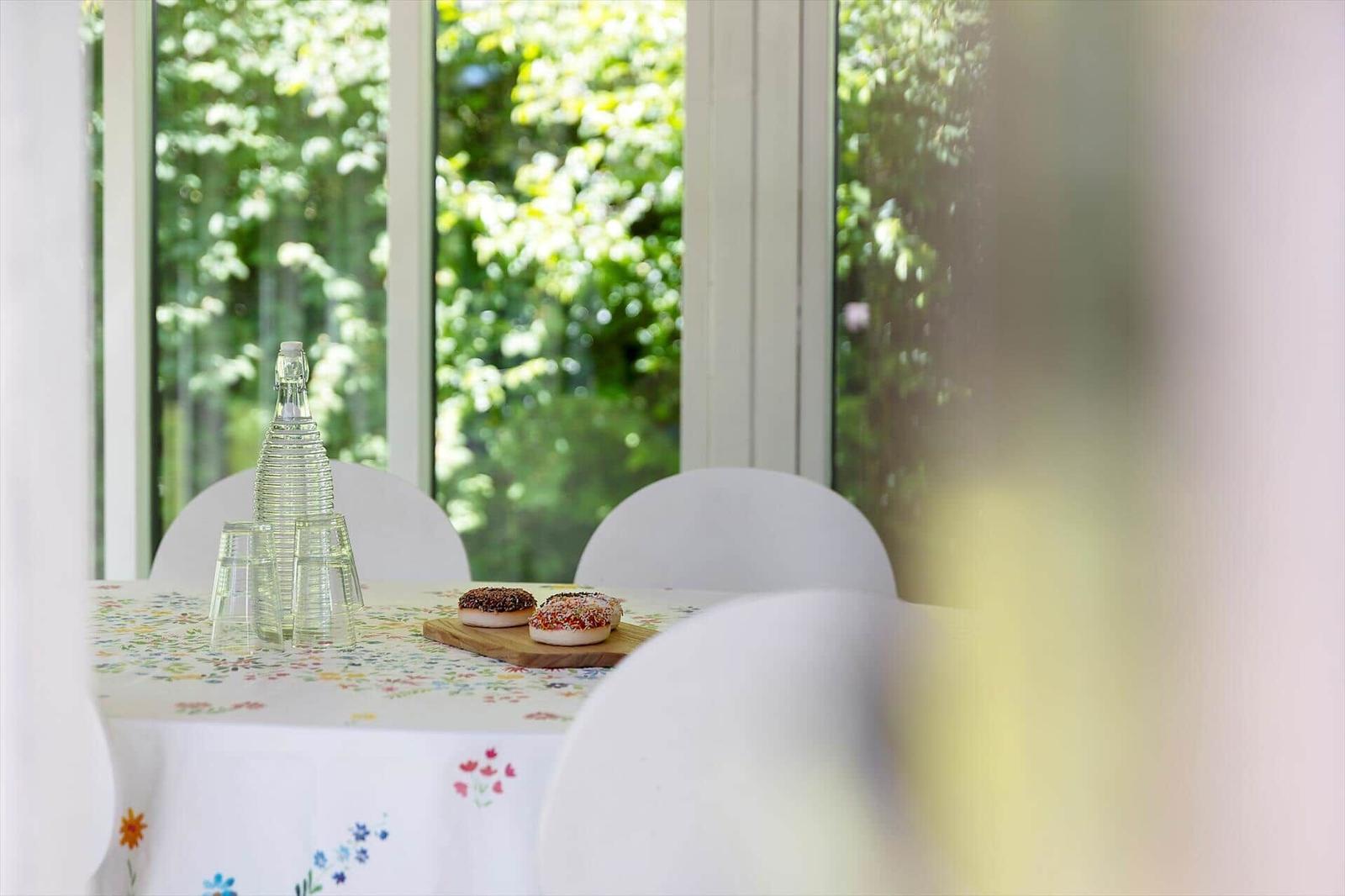 Tisch mit Tischdecke, Gläsern und Donuts vor Fenster mit Blick auf Grün.