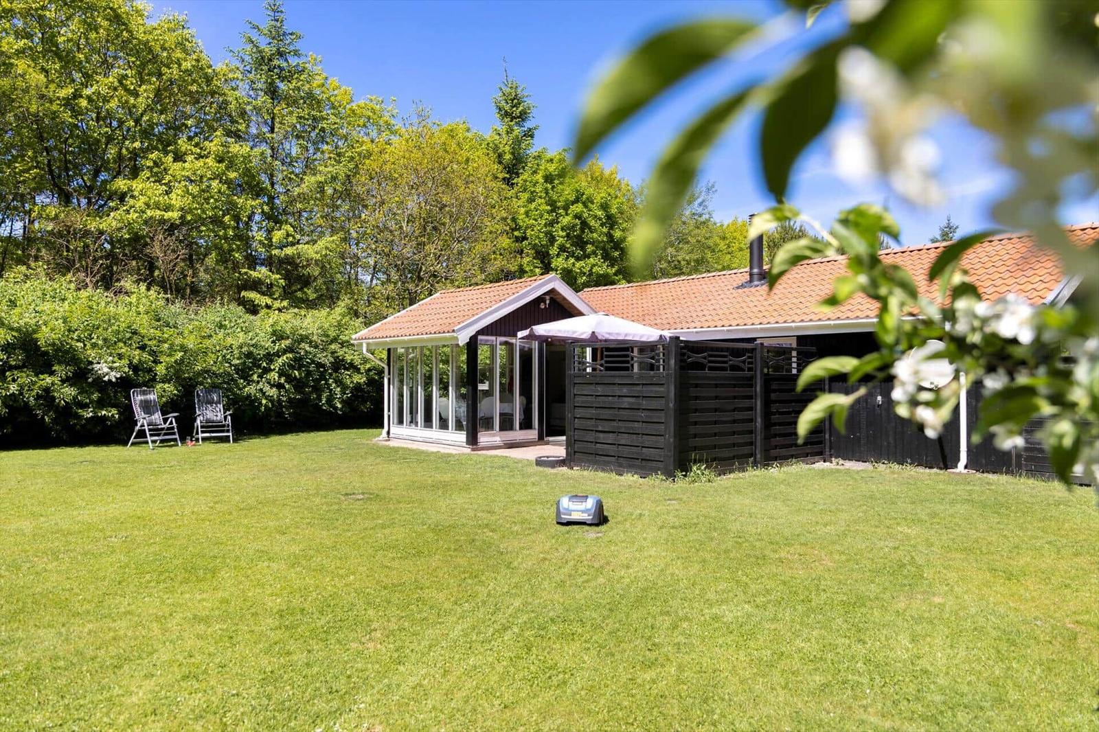 Haus mit Garten, Terrasse und Liegestühlen. Grünfläche und Bäume im Hintergrund.