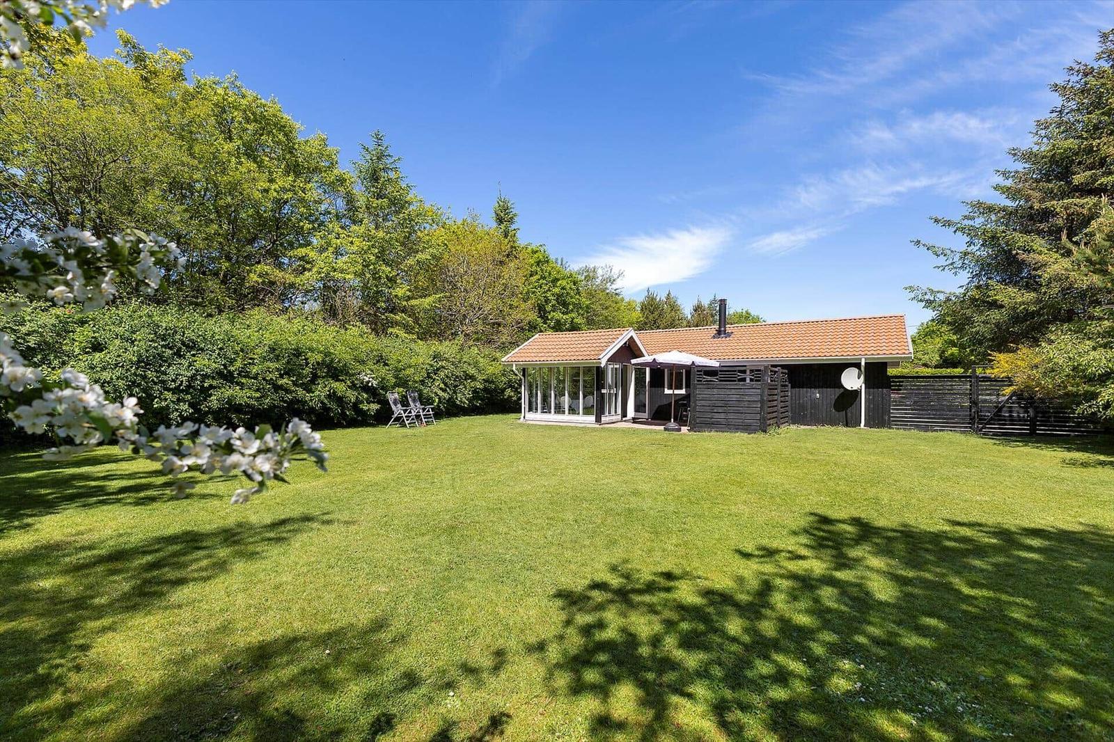 Haus mit Terrasse und Garten. Umgeben von Bäumen und Gras. Blüten im Vordergrund.