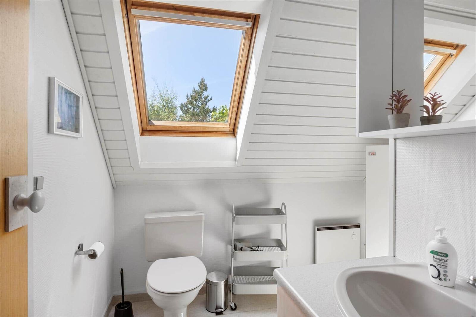 Badezimmer mit Dachfenster, Toilette, Waschbecken und Regal