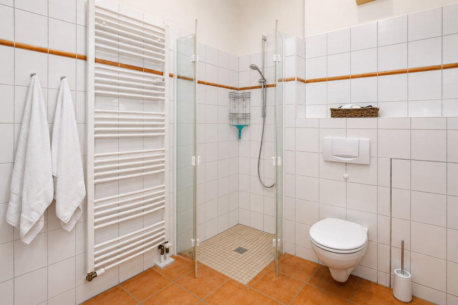 Badezimmer mit Dusche, Toilette und Handtuchheizung.