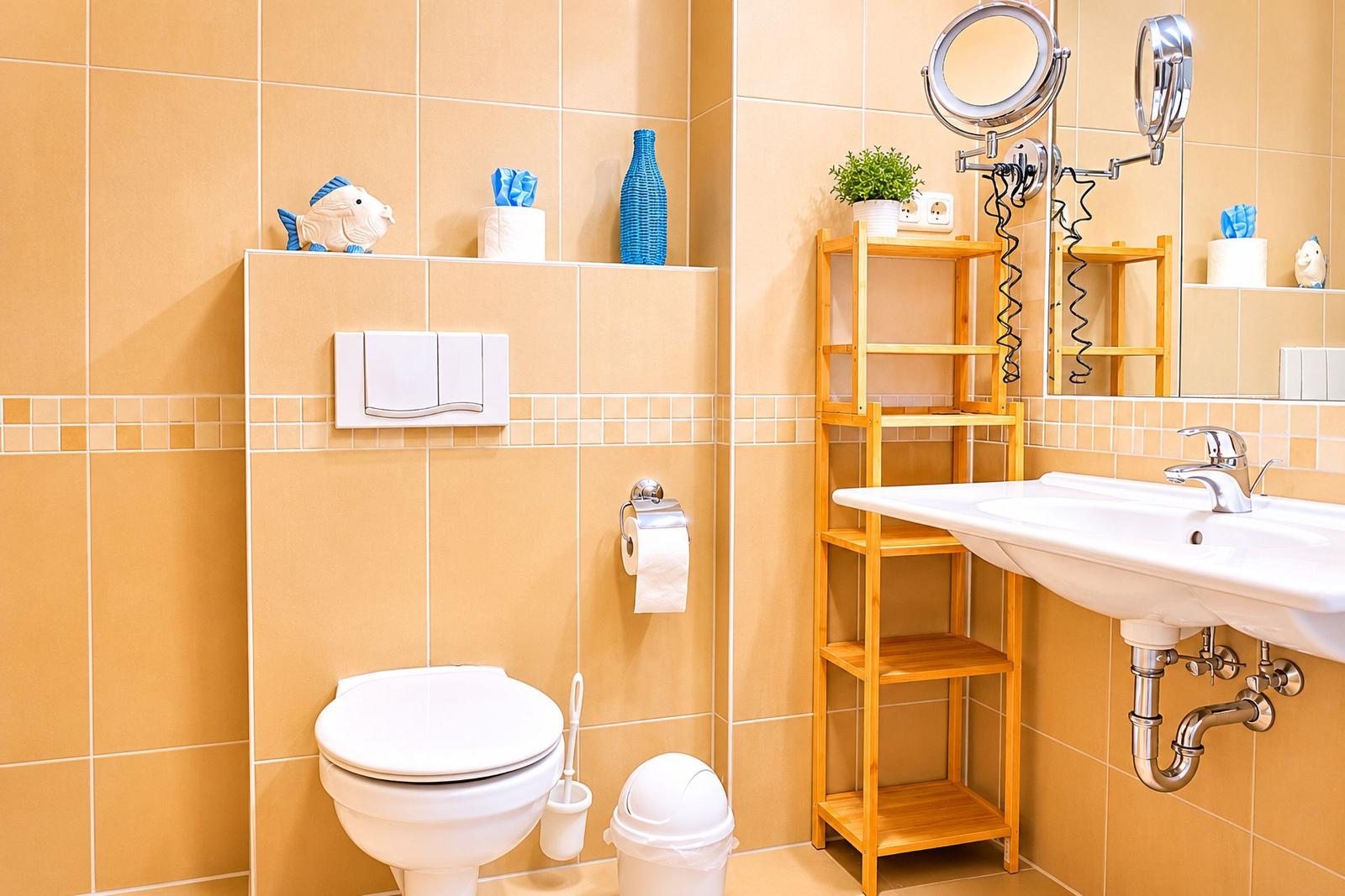 Badezimmer mit Toilette, Waschbecken und Holzregal. Wandspiegel und Blumentopf sichtbar.
