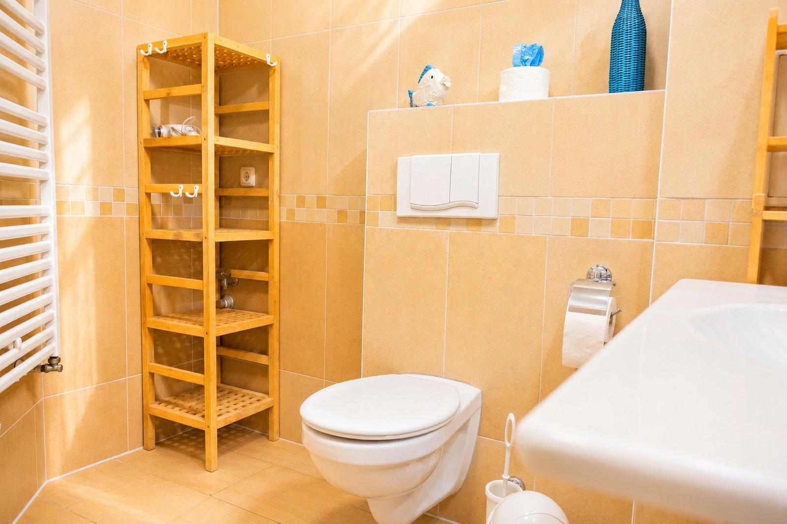 Bad mit Toilette, Waschbecken und Holzregal an der Wand.