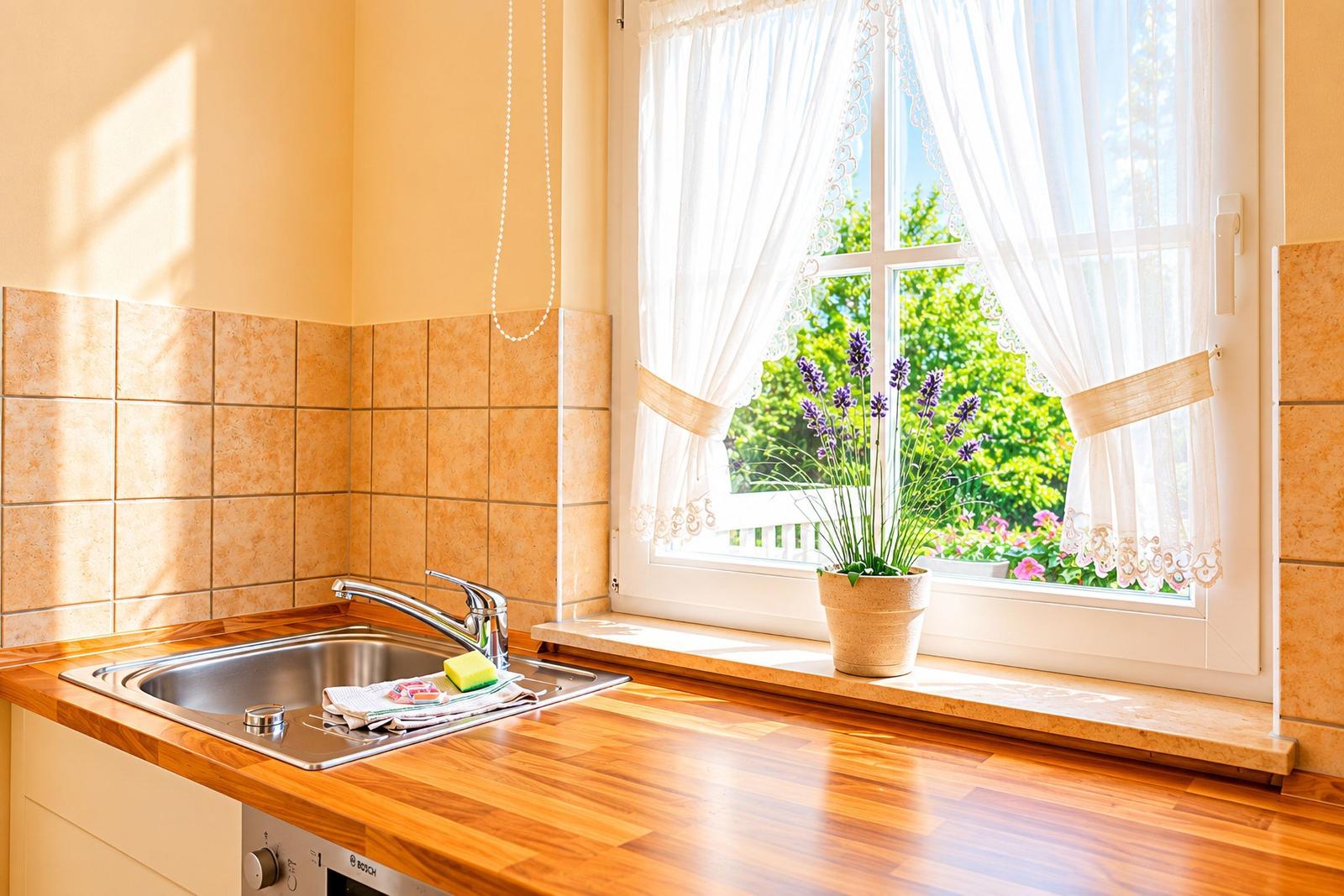 Küchenzeile mit Waschbecken und Fenster mit Lavendel
