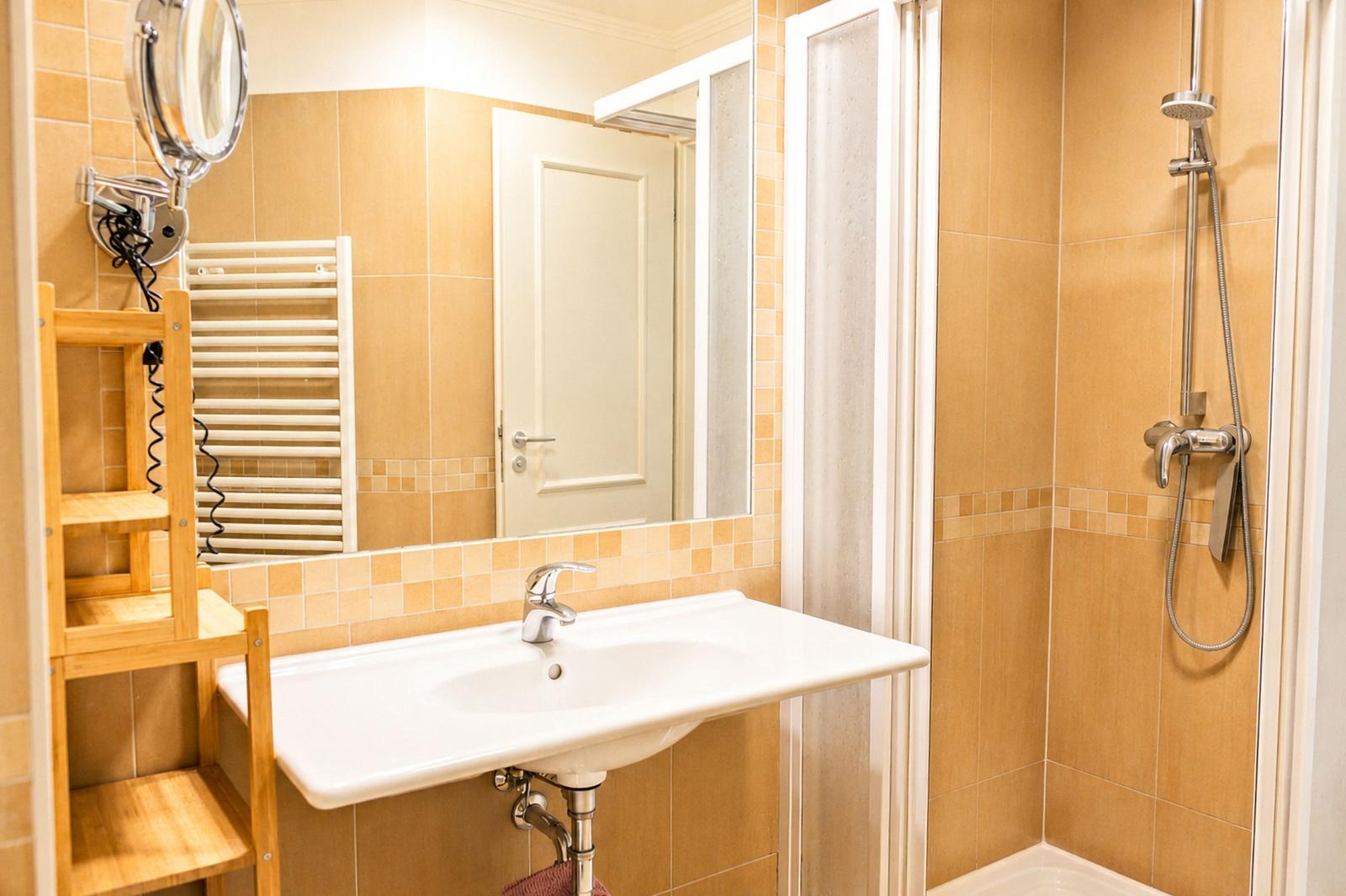 Bad mit Dusche, Waschbecken und Spiegel. Holzregal und Heizkörper sichtbar.