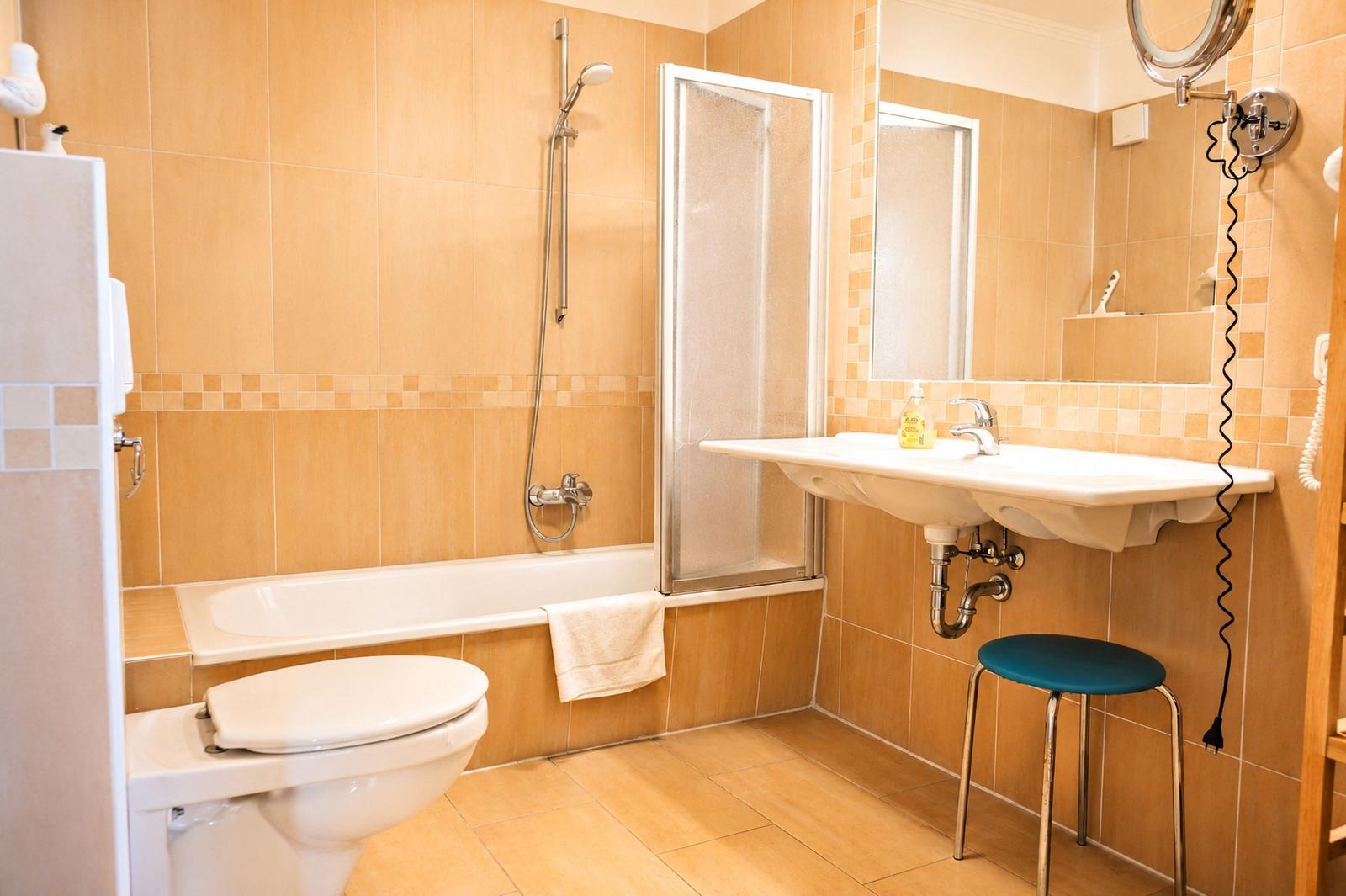 Badezimmer mit Badewanne, Dusche, Waschbecken und Toilette.